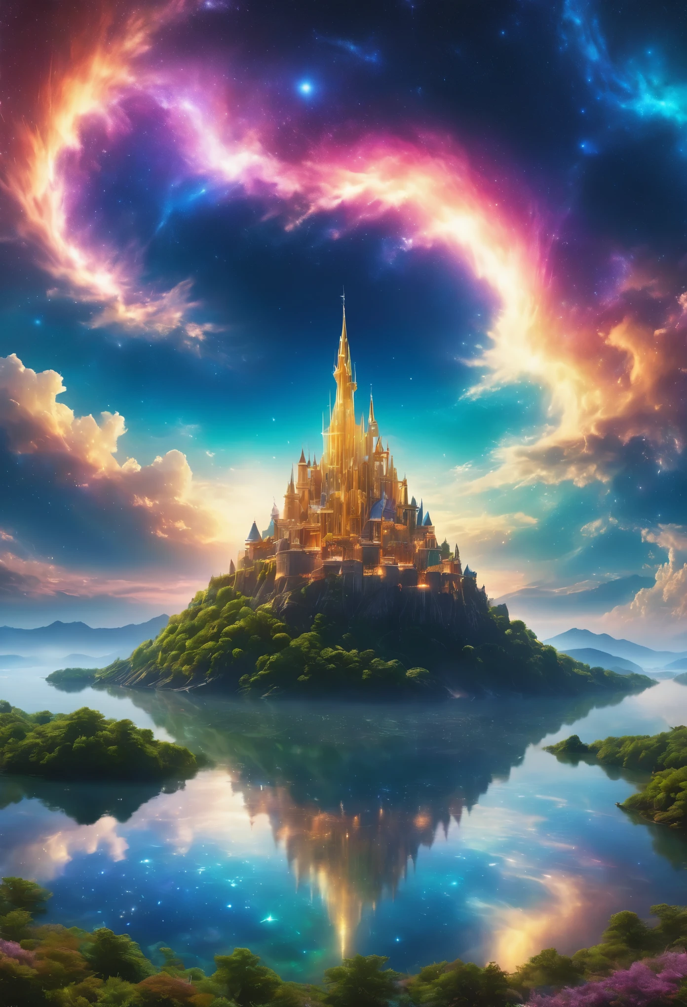 (8k, highest quality, masterpiece, final fantasy style: 1.2), (unRealistic, photoRealistic: 1.37), Dreamy landscape, Fantasy, Unsurreal landscapes, Super detailed, Flying medieval castle, Floating Island in the Sky, Seven-colored swirl of light, (流星のMr.に空を舞う光り輝く尾の長い小鳥:1.3), Aurora, Intense lightning, milky way, Complex Light, Mr.々Colored light, Large Lake, Starry sky reflected on the lake surface, Countless shining stars, Meteors, Many meteors, Aura of, (A pillar of light emanated from the ground:1,2), 複雑な文Mr.の魔法陣