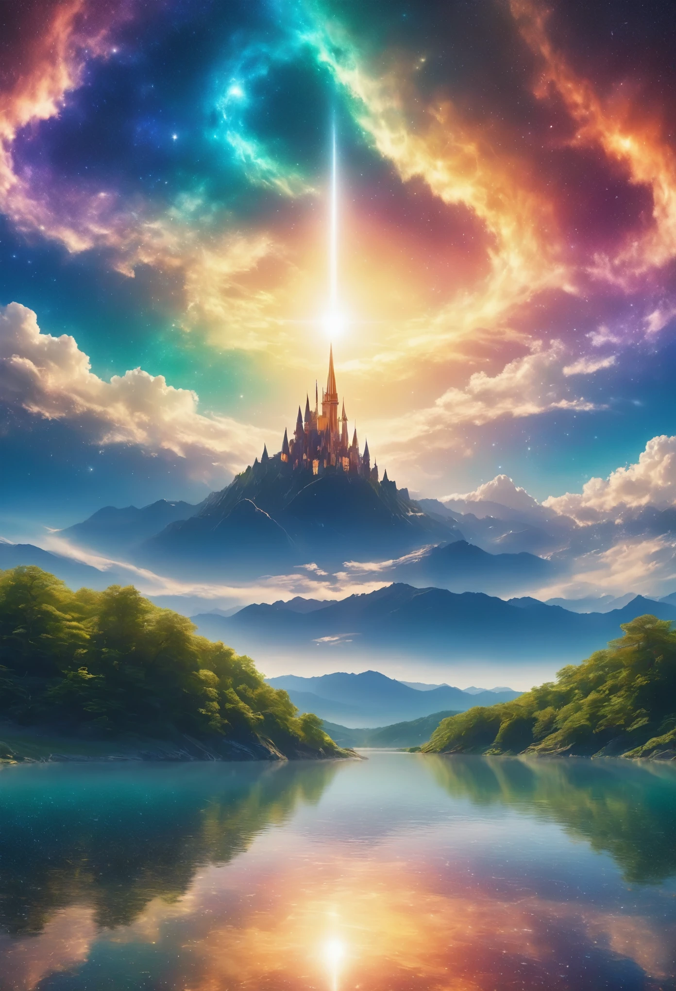 (8k, highest quality, masterpiece, final fantasy style: 1.2), (unRealistic, photoRealistic: 1.37), Dreamy landscape, Fantasy, Unsurreal landscapes, Super detailed, Flying medieval castle, Floating Island in the Sky, Seven-colored swirl of light, (Mr. Shooting Star.A small, shiny, long-tailed bird soaring through the sky:1.3), Aurora, Intense lightning, milky way, Complex Light, Mr.々Colored light, Large Lake, Starry sky reflected on the lake surface, Countless shining stars, meteors, Many meteors, Aura of, (A pillar of light emanated from the ground:1,2), Complex SentencesMr.Magic Circle, (one mage lady standing on lake side, huge bouncing bust:1.1)