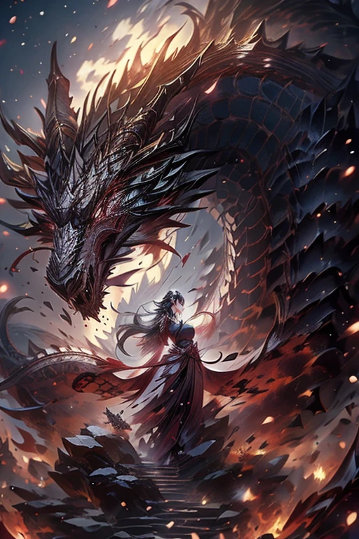 1 fille et 1 dragon,grand dragon rouge,elle porte un yukata,elle tient une épée, Épée japonaise,Style japonais,cheveux noirs et cheveux longs