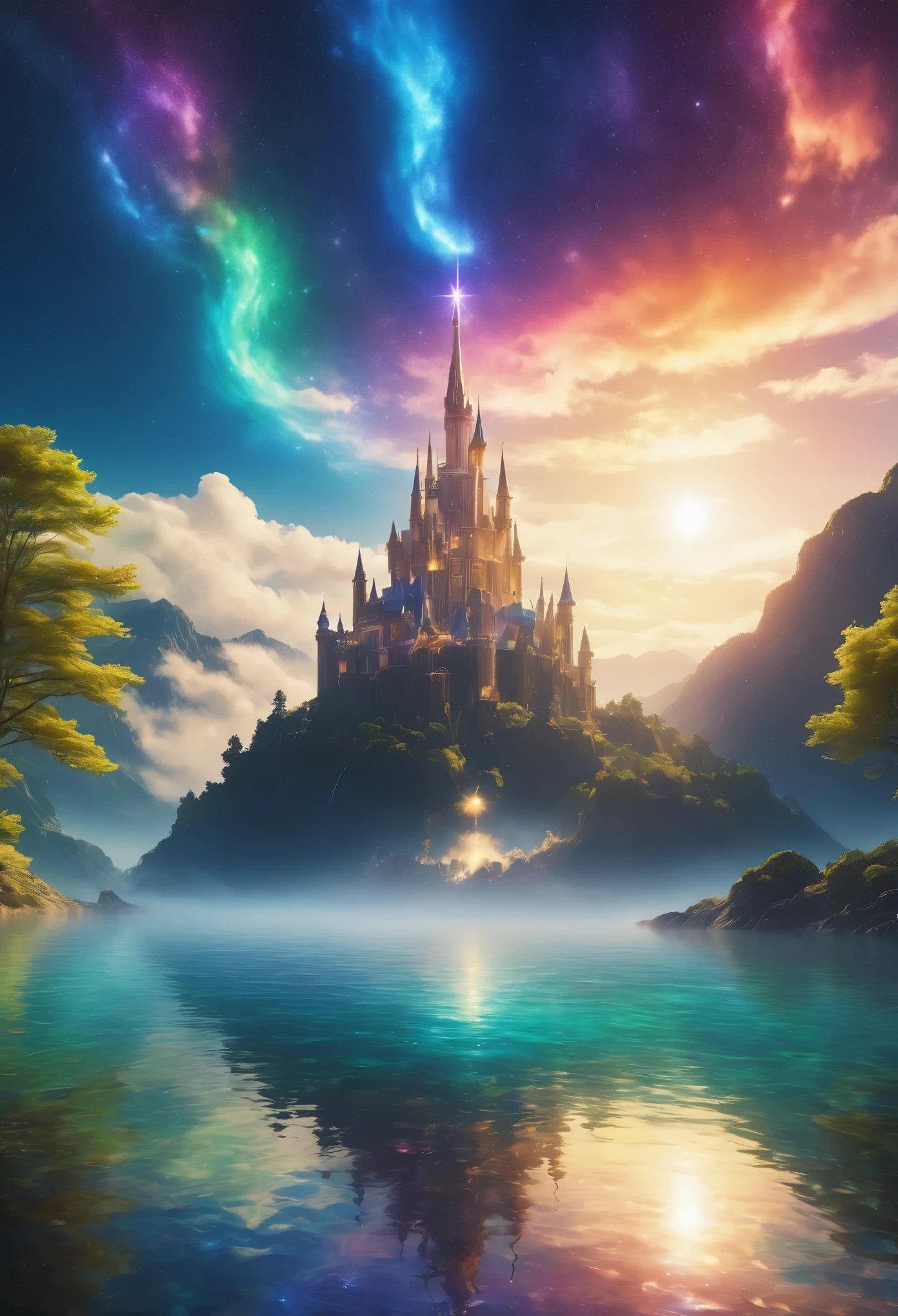 (8k, highest quality, masterpiece, final fantasy style: 1.2), (unRealistic, photoRealistic: 1.37), (one mage lady standing on lake side, huge bouncing bust:1.1), Dreamy landscape, Fantasy, Unsurreal landscapes, Super detailed, Flying medieval castle, Floating Island in the Sky, Seven-colored swirl of light, (流星のMr.に空を舞う光り輝く尾の長い小鳥:1.3), Aurora, Intense lightning, milky way, Complex Light, Mr.々Colored light, Large Lake, Starry sky reflected on the lake surface, Countless shining stars, Meteors, Many meteors, Aura of, (A pillar of light emanated from the ground:1,2), 複雑な文Mr.の魔法陣, 