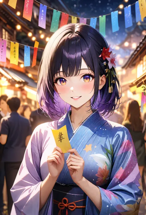 tanabata,beautiful night of stars, yukata, holding a strip of paper,blur the background,high school girls,shortcuts,smile,glitte...