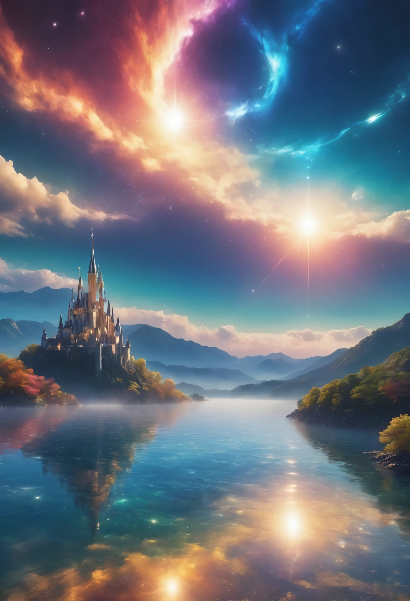 (8k, la plus haute qualité, chef-d&#39;œuvre, Style Final Fantasy: 1.2), (Irréaliste, Photoréaliste: 1.37), (une dame mage debout au bord du lac, énorme buste rebondissant:1.1), paysage de rêve, fantaisie, Des paysages irréels, Super détaillé, Château médiéval volant, Île flottante dans le ciel, Tourbillon de lumière à sept couleurs, (流星のM.Un oiseau brillant à longue queue vole dans le ciel:1.3), aurore, Des éclairs intenses, voie Lactée, lumière complexe, M.々Lumière colorée, Grand Lac, Ciel étoilé reflété à la surface du lac, D&#39;innombrables étoiles brillantes, météores, De nombreux météores, Aura de, (Un pilier de lumière émanait du sol:1,2), 複雑な文M.cercle magique,