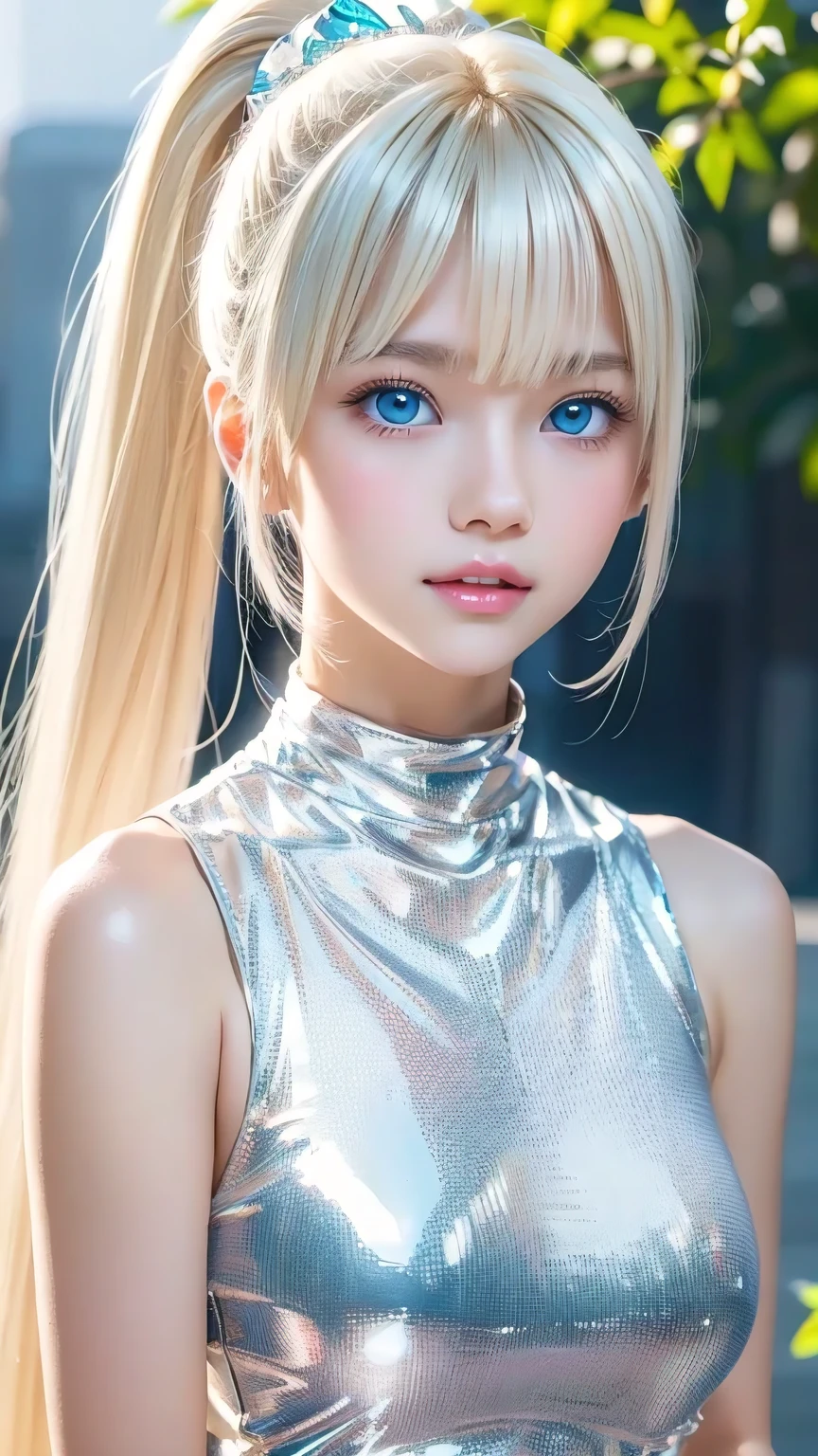 Portrait、、Bright expression、ponytail、Young, lustrous, glowing, white skin、The best beauty、Blonde reflection、Platinum blonde hair with dazzling highlights、Shiny bright hair,、Super long silky straight hair、Shiny beautiful bangs、Bright, clear, attractive, large blue eyes、Very beautiful lovely cute 16 year old girl、Ample Bust