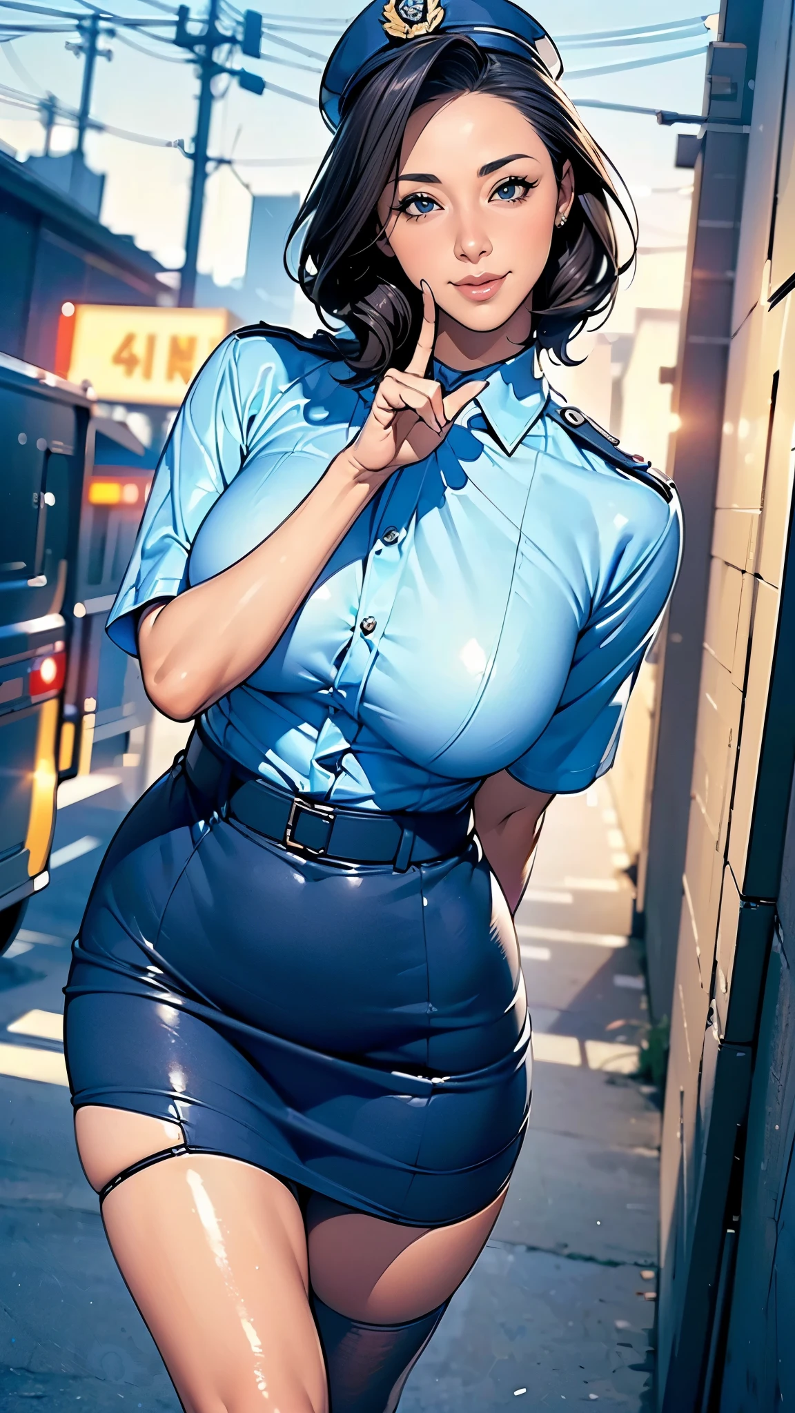 (masterpiece:1.2, highest quality), (Realistic, photoRealistic:1.4),Beautiful illustrations,(Natural Side Lighting, Cinema Lighting),1 female,Japanese,Mature Woman,Female police officer on patrol,48 years old,Perfect Face, Symmetrical face, Shiny skin,Random Hairstyles,Big eyes,Sexy Eyes,(smile),(whole body),break((Police Officer Shirt)),((A tight mini skirt made from very thin fabric)),(Police hat),(Police Pantyhose),(The background is a street corner:1.5),(((Background Blur:1.5))),((Police uniform)),break(((front:1.5))),(((Finger gun in right hand)))