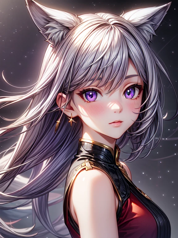 1 girl, medium tits, Starry eyes, (8K, Raw photo, High sensitivity, Best quality, masterpiece, Ultra a high resolution, realism: 1.25), blush, (Very Detailed CG Unity 8K Wallpaper, Best quality, a high resolution: 1.2), (ultra_detailed, UHD: 1.2), Ideal lighting, Unique, (1 girl: 1.4), (beautiful girl: 1.2), Unreal engine, Side light, White hair, fox ears, Purple eyes, perfect face, detailed face, perfect body, beautiful eyes, Beautiful face, (Bright skin: 1.4), idol, (whole body), Red T-shirt, transparent,