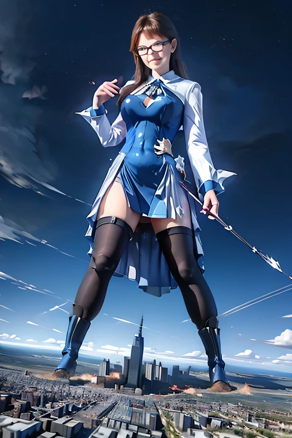 giantess art, highly detailed giantess shots, giantess, Two legs, Five fingers, A beautiful girl who is bigger than a skyscraper, Wearing rimless glasses, smile, huge breasts, blue dress, bow, magical girl, holding a magical wand, black pantyhose, blue stiletto heels, thunderbolt from a magical wand, Destroying cities, Under heavy attack but unharmed, A very small big city, Miniature metropolis, Full body description, GTS, giga giantess, stomping city, crash city, tiny city, micro city, pantyhose feet, High resolution, highest quality, masterpiece, peeing self, 