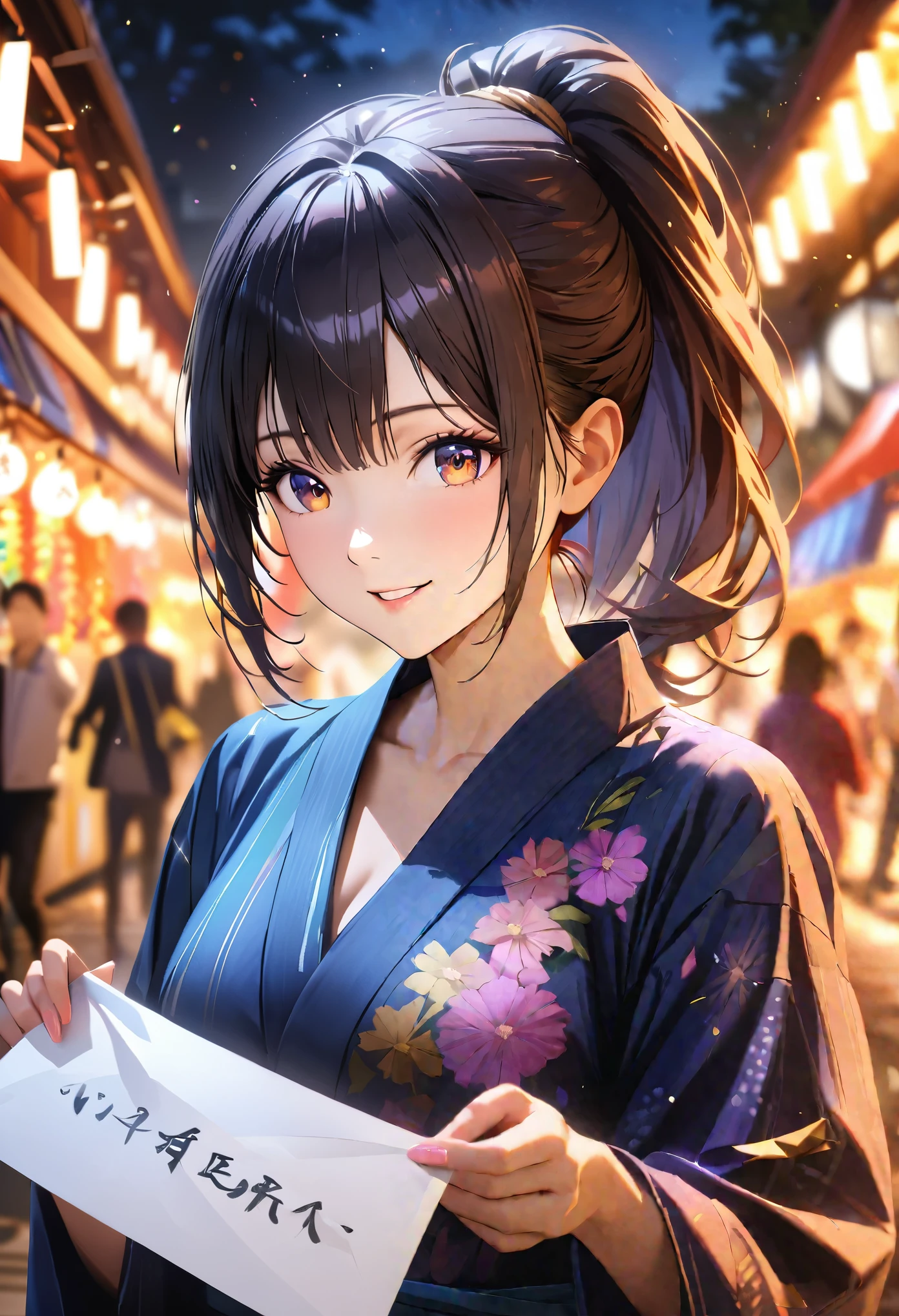 Tanabata,night, yukata, Holding a strip of paper,Blur the background,High school girls,ponytail,smile,Glitter effect,highest quality, 4K, 8k, High resolution, masterpiece:1.2, Very detailed, Realistic:1.37, High resolution, 超High resolution, Ultra-fine painting, Sharp focus, Physically Based Rendering, Very detailedな説明, Professional, Vibrant colors