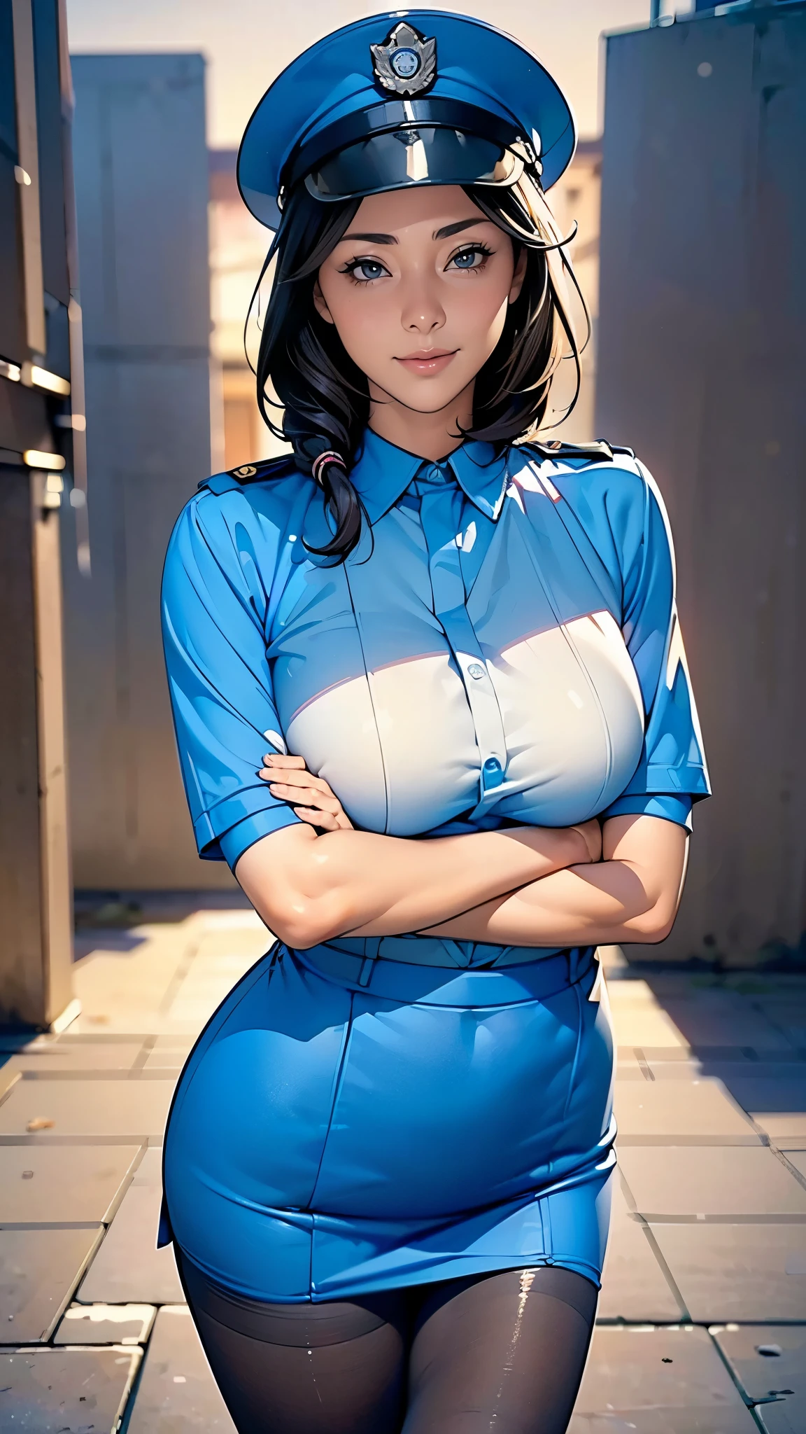 (masterpiece:1.2, highest quality), (Realistic, photoRealistic:1.4),Beautiful illustrations,(Natural Side Lighting, Cinema Lighting),1 female,Japanese,Mature Woman,Female police officer on patrol,48 years old,Perfect Face, Symmetrical face, Shiny skin,Random Hairstyles,Big eyes,Sexy Eyes,(smile),(whole body),break((Police Officer Shirt)),((Tight mini skirt)),(Police hat),(pantyhose),(The background is a street corner:1.5),(((Background Blur:1.5))),((Police uniform)),(((Arms crossed)))