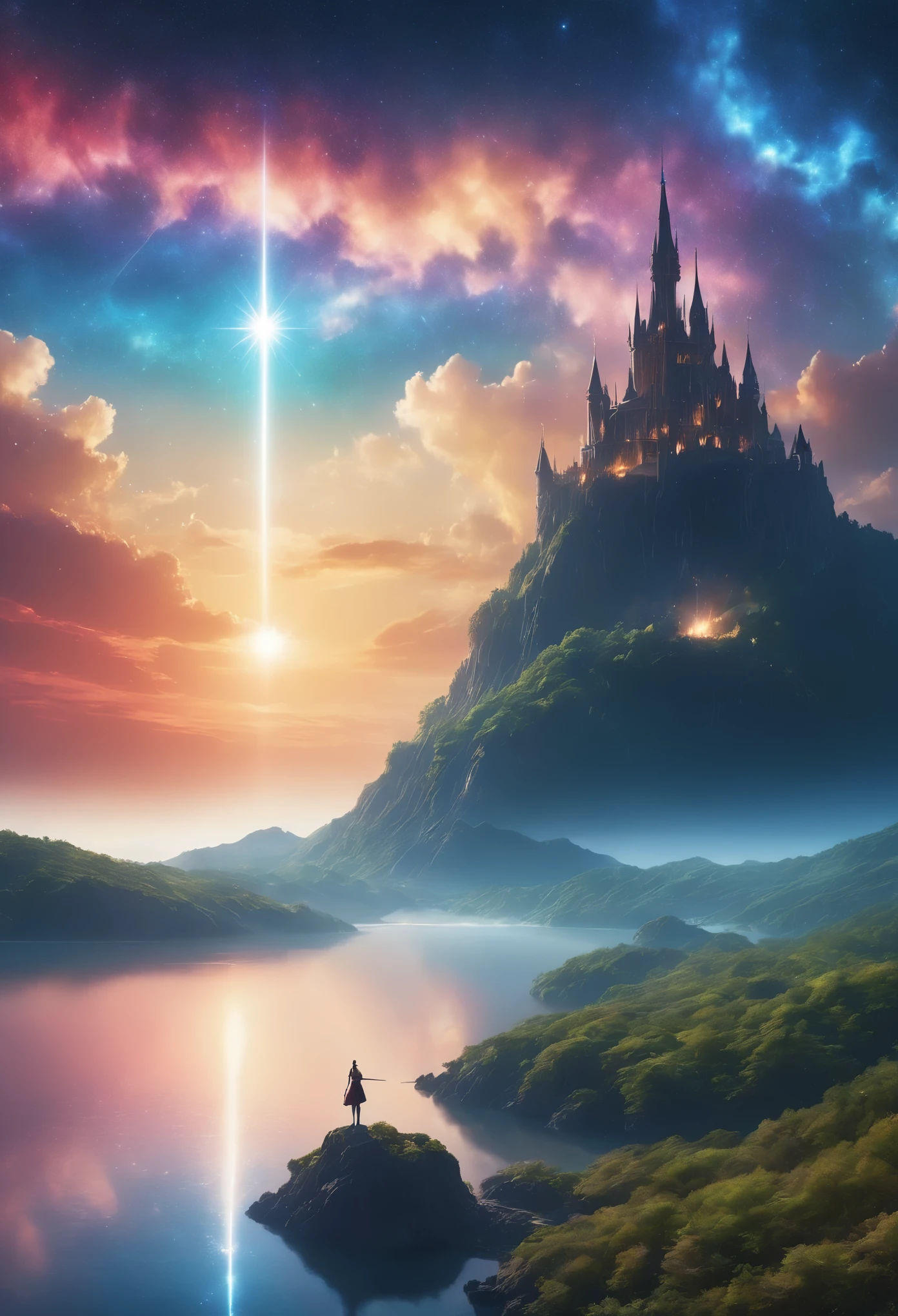 (8k, la plus haute qualité, chef-d&#39;œuvre, Style Final Fantasy: 1.2), (Irréaliste, Photoréaliste: 1.37), (une dame mage debout au bord du lac à distance, énorme buste rebondissant, avec l&#39;épée avec le feu, Lumière brillante vers le ciel:1.1), paysage de rêve, fantaisie, Des paysages irréels, Super détaillé, Château médiéval volant, Île flottante dans le ciel, Tourbillon de lumière à sept couleurs, (流星のM.Un oiseau brillant à longue queue vole dans le ciel:1.3), aurore, Des éclairs intenses, voie Lactée, lumière complexe, M.々Lumière colorée, Grand Lac, Ciel étoilé reflété à la surface du lac, D&#39;innombrables étoiles brillantes, météores, De nombreux météores, Aura de, (Un pilier de lumière émanait du sol:1,2), 複雑な文M.cercle magique,