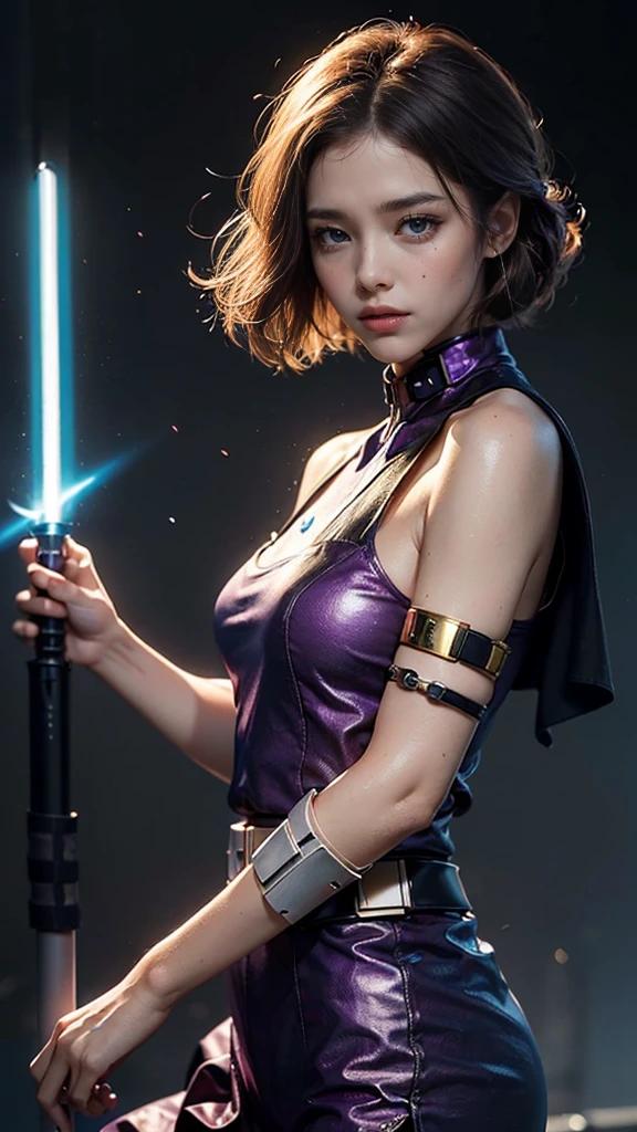 (reality: 1.4), (RAW Photos, highest quality), （Jedi Knight ）(reality, Photorealistic photography: 1.3), highest quality, Very detailed, Masterpiece Hyper Detail, figure, 1 girl, Made as a human, smile, purple Hair, purple Clothes, purple, ((White lightsaber in hand, （Jedi Knight ）Hold the lightsaber)), upper_body, Dynamic Angle, World Mastery Theatre, Flying short hair, Fluorescent Centred, Dynamic fire background, highest quality, ((Very detailed CG uniform 8k wallpaper)), ink, wonderful, Cinema Lighting, lens_Flare, wuxia_style、"((超reality)) Jedi Cyborg, It looks like an empty mountain, ((Mecha Gold Body)), ((Translucent glass limbs)), Mechanic&#39;s outfit, ((Fighting pose)), Dynamic Lighting, Complex reflections, ((エッジの効いたサイバーパンクなJedi Knight)).((Brandishing a white lightsaber）、（Big eyes、Well-formed face）smile,"masterpiece, highest quality, 1 Girl, Full body portrait, sensual pose, eyes, Multicolored Hair,Sculpted legs and seductive curves, ,Medium milk beautiful milk, Beautiful Face,（Jedi Knight ）but（A glowing white lightsaber aimed at the viewer）