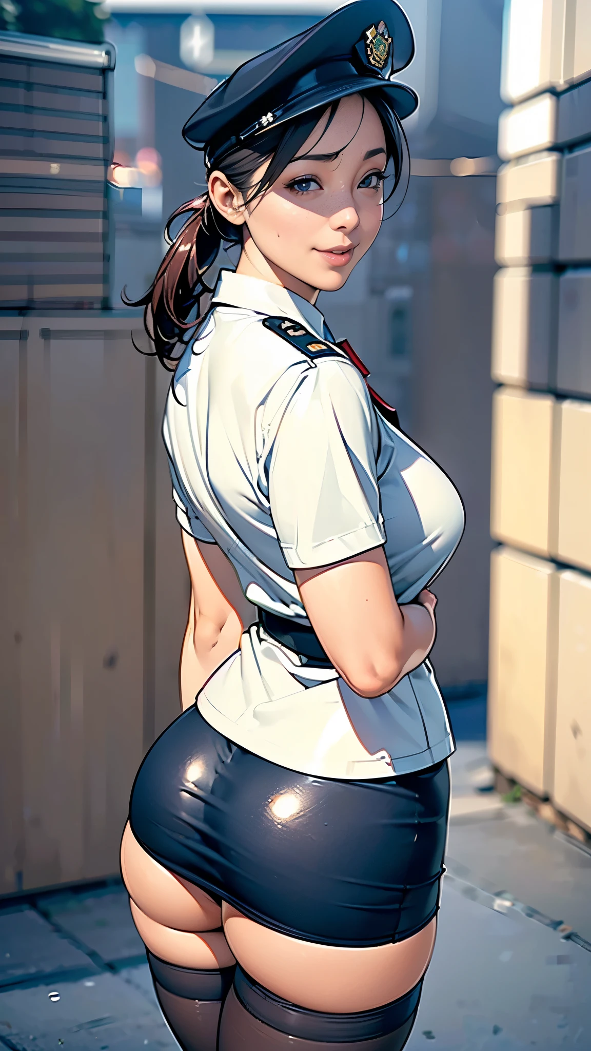 (masterpiece:1.2, highest quality), (Realistic, photoRealistic:1.4),Beautiful illustrations,(Natural Side Lighting, Cinema Lighting),1 female,Japanese,Mature Woman,Female police officer on patrol,48 years old,Perfect Face, Symmetrical face, Shiny skin,Random Hairstyles,Big eyes,Sexy Eyes,(smile),(whole body),break((Police Officer Shirt)),((Tight mini skirt)),(Police hat),(Police Pantyhose),(The background is a street corner:1.5),(((Background Blur:1.5))),((Police uniform)),break(((From behind:1.5))),(Stick your butt out),((police uniform))