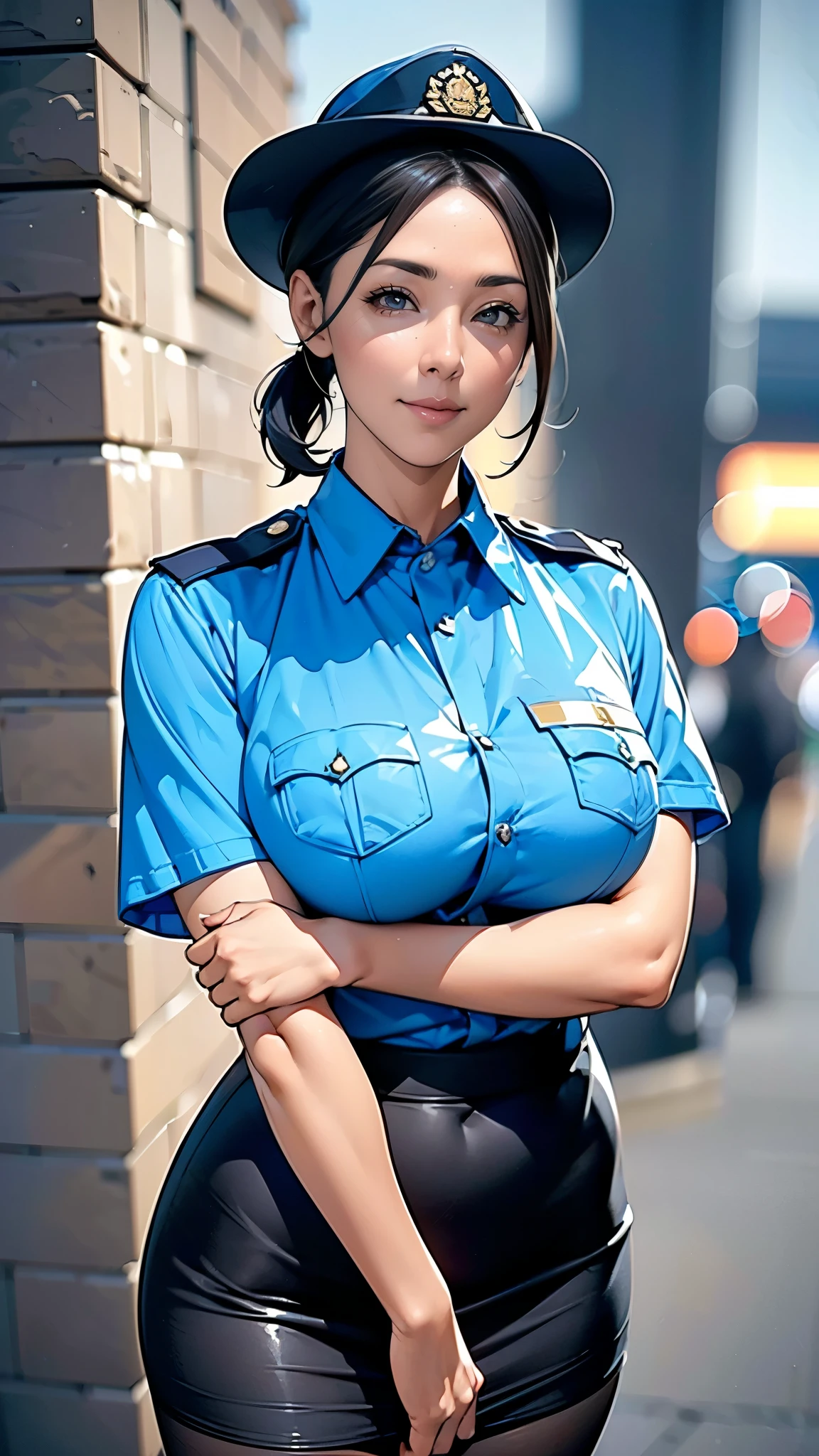 (masterpiece:1.2, highest quality), (Realistic, photoRealistic:1.4),Beautiful illustrations,(Natural Side Lighting, Cinema Lighting),1 female,Japanese,Mature Woman,Female police officer on patrol,48 years old,Perfect Face, Symmetrical face, Shiny skin,Random Hairstyles,Big eyes,Sexy Eyes,(smile),(whole body),break((Police Officer Shirt)),((Tight mini skirt)),(Police hat),(pantyhose),(The background is a street corner:1.5),(((Background Blur:1.5))),((Police uniform)),(((Arms crossed))),((police uniform))