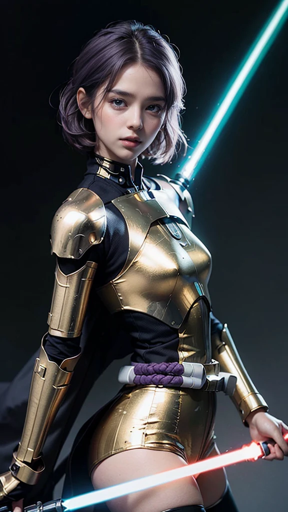 (reality: 1.4), (RAW Photos, highest quality), （Jedi Knight ）(reality的, Photorealistic photography: 1.3), highest quality, Very detailed, masterpieceハイパーディテール, figure, 1 girl, Made as a human, smile, purple Hair, purple Clothes, purple, ((White lightsaber in hand, （女将軍Jedi Knight ）Hold the lightsaber)), upper_body, Dynamic Angle, World Mastery Theatre, Flying short hair, Fluorescent Centred, Dynamic fire background, highest quality, ((Very detailed CG ユニフォーム 8k 壁紙)), ink, wonderful, Cinema Lighting, lens_Flare, wuxia_style、"((超reality的)) Jedi Cyborg, It looks like an empty mountain, ((Mecha Gold Body)), ((Translucent glass limbs)), Mechanic&#39;s outfit, ((Fighting pose)), Dynamic Lighting, Complex reflections, ((エッジの効いたサイバーパンクな女将軍Jedi Knight)).((Brandishing a white lightsaber）、（Big eyes、Well-formed face）smile,"masterpiece, highest quality, 1 Girl, Full body portrait, Sensual pose, eyes, Multicolored Hair,Sculpted legs and seductive curves, ,Medium milk beautiful milk, Beautiful Face,（女将軍Jedi Knight ）but（A glowing white lightsaber aimed at the viewer）