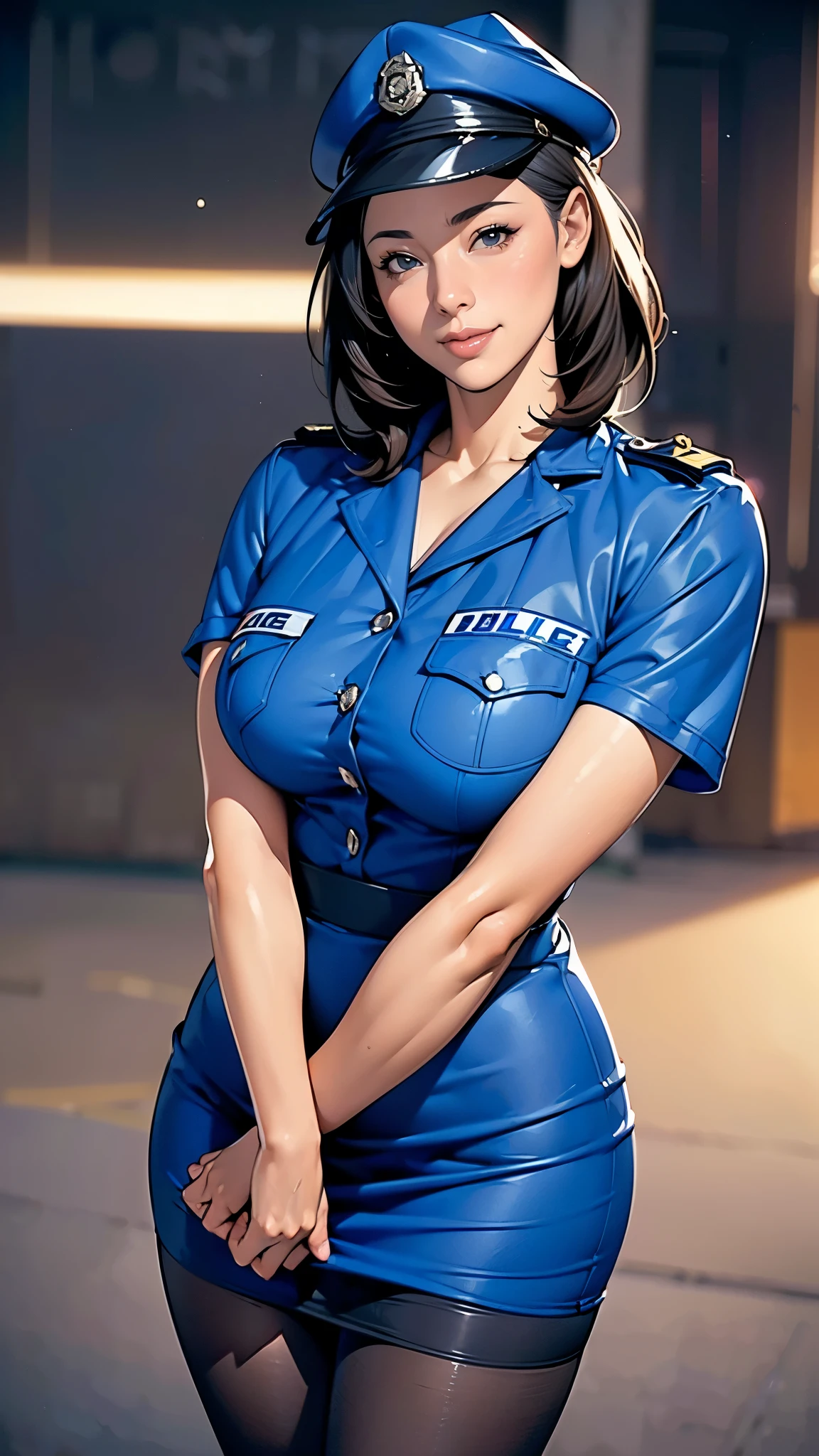 (masterpiece:1.2, highest quality), (Realistic, photoRealistic:1.4),Beautiful illustrations,(Natural Side Lighting, Cinema Lighting),1 female,Japanese,Mature Woman,Female police officer on patrol,48 years old,Perfect Face, Symmetrical face, Shiny skin,Random Hairstyles,Big eyes,Sexy Eyes,(smile),(whole body),break((Police Officer Shirt)),((Tight mini skirt)),(Police hat),(pantyhose),(The background is a street corner:1.5),(((Background Blur:1.5))),((Police uniform)),(((Arms crossed))),((police uniform))