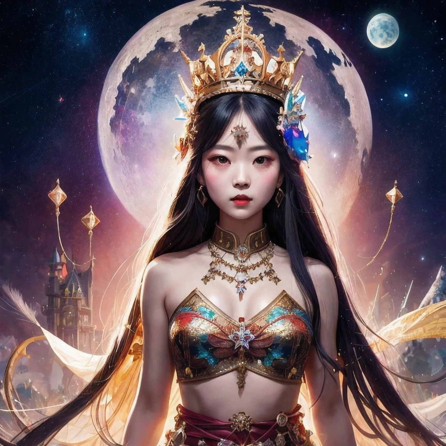 hay una niña con una corona en la cabeza y un collar, inspirado en Jin Nong, obra de arte al estilo de guweiz, guweiz, retrato anime chica cadete espacial, inspirado en Leng Mei, inspirado en Ai Xuan, diosa cyborg en el cosmos, vestimenta temática lunar, inspired by Wang Meng, guweiz obra maestra(obra maestra, mejor calidad:1.2), 1 chica, solo,una corona en su cabeza posando, rei hino como princesa, obra de arte al estilo de guweiz, guweiz, irelia, una hermosa emperatriz de fantasía, range murata and artegerm, Irelia de Liga de Leyendas, ig model | artegerm, artegerm on artstation pixiv