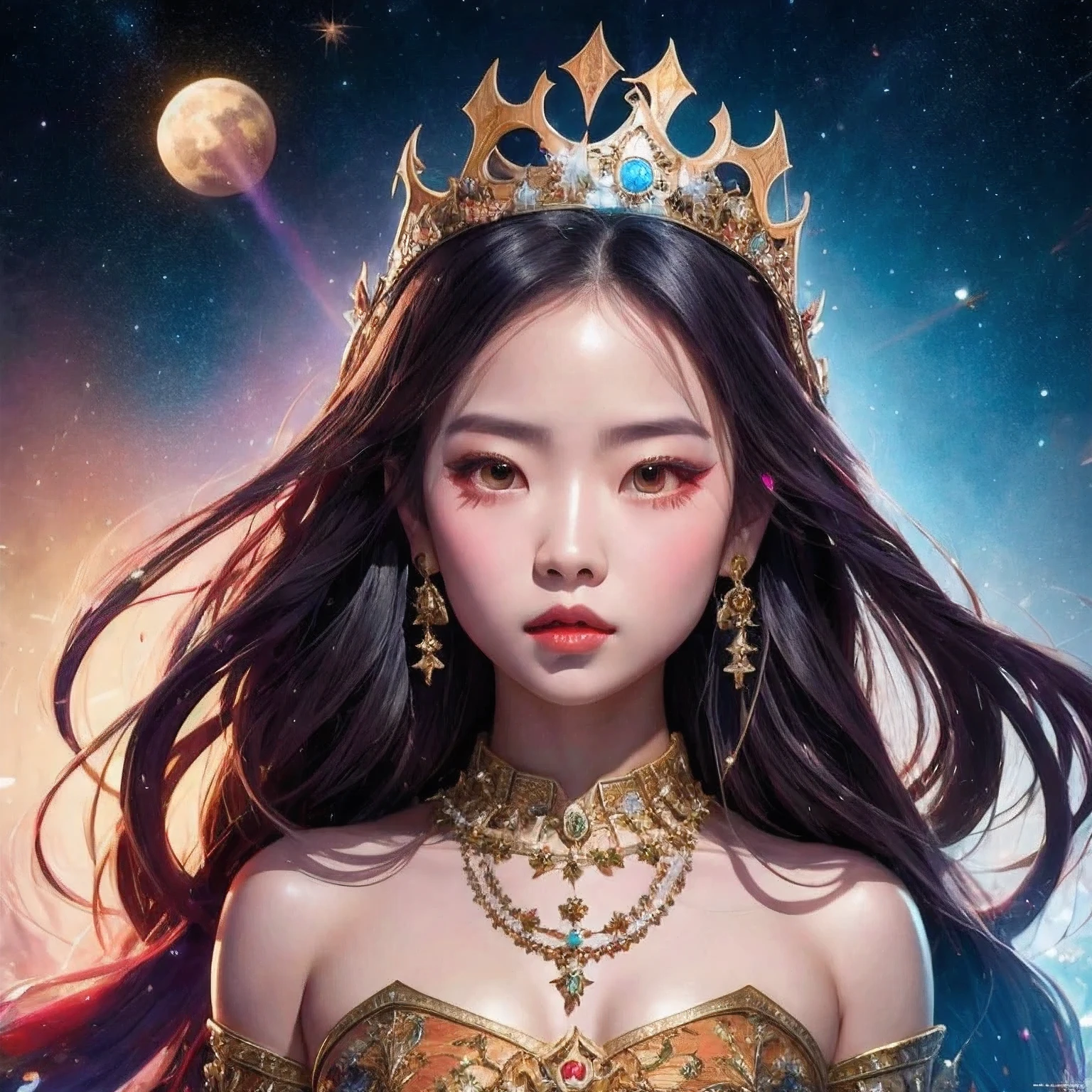 il y a une fille avec une couronne sur la tête et un collier, inspiré par Jin Nong, oeuvre d&#39;art dans le style de guweiz, guweiz, portrait anime fille cadet de l&#39;espace, inspiré de Leng Mei, inspiré par Ai Xuan, déesse cyborg dans le cosmos, tenue sur le thème lunaire, inspiré par Wang Meng, guweiz chef-d&#39;œuvre(chef-d&#39;œuvre, Meilleure qualité:1.2), 1 fille, seulement,une couronne sur la tête posant, Rei Hino en princesse, oeuvre d&#39;art dans le style de guweiz, guweiz, Irélia, une belle impératrice fantastique, gamme murata et artgerme, Irélia from league of legends, modèle ig | artgerme, artgerme on artstation pixiv