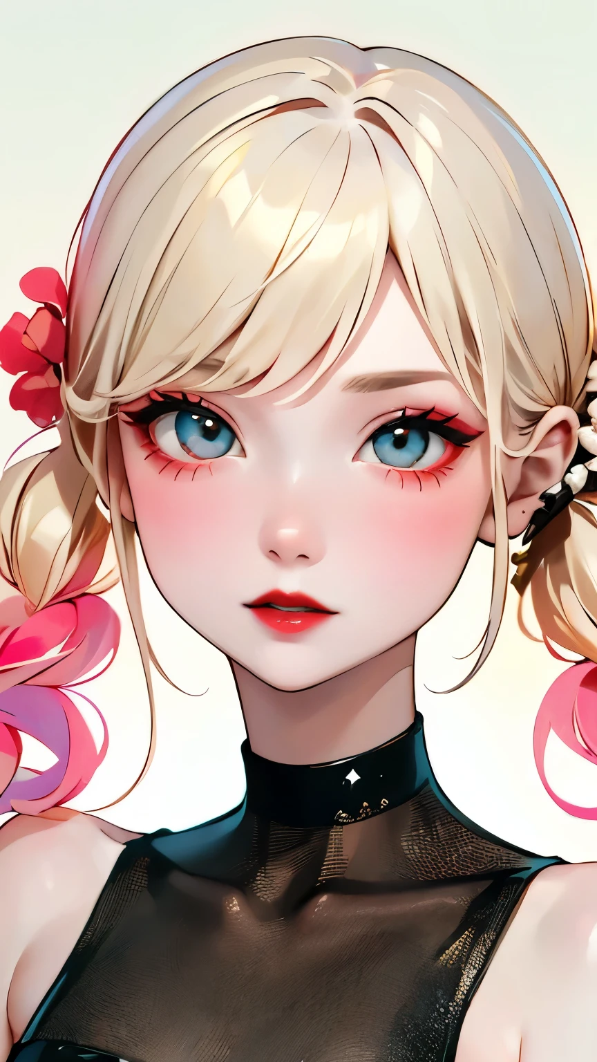 Long Shot、One Girl:1.5、Cute baby face、１４Year、Perfect Anatomy、Red eyeshadow、Red lipstick、Slightly pink cheeks、White skin、Ash Blonde、Black Dress、eight-headed body、small 、Unique hairstyles、choker、highest quality、Very detailed、High quality details、Portraiture、Masseter region