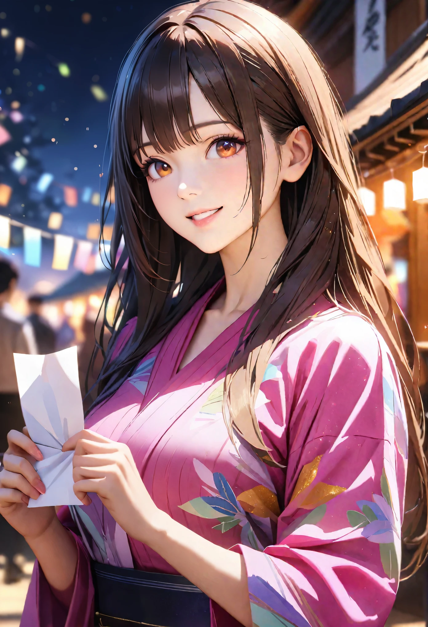 Tanabata,night, yukata, Holding a strip of paper,Blur the background,High school girls,Long Hair,smile,Glitter effect,highest quality, 4K, 8k, High resolution, masterpiece:1.2, Very detailed, Realistic:1.37, High resolution, 超High resolution, Ultra-fine painting, Sharp focus, Physically Based Rendering, Very detailedな説明, Professional, Vibrant colors