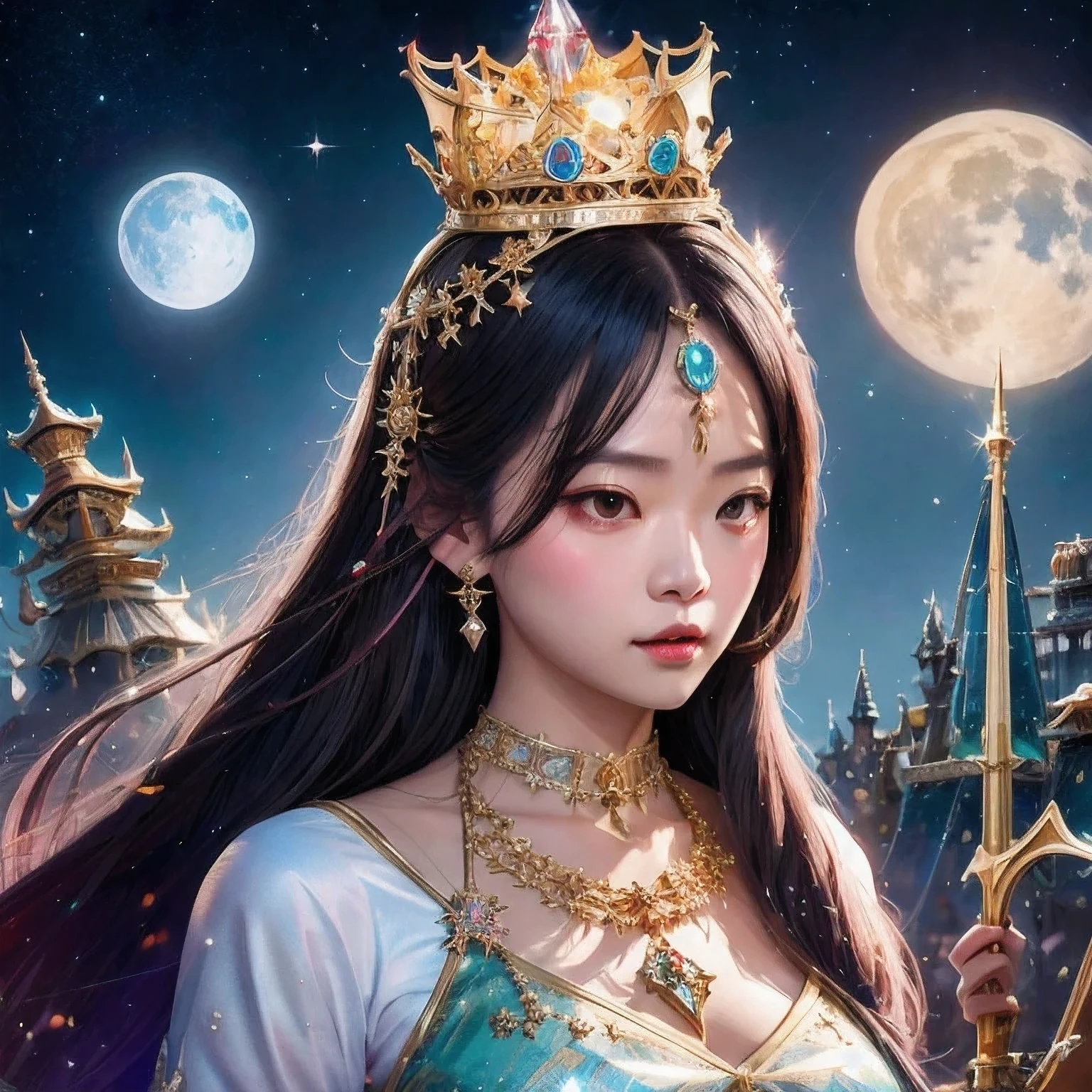 hay una niña con una corona en la cabeza y un collar, inspirado en Jin Nong, obra de arte al estilo de guweiz, guweiz, retrato anime chica cadete espacial, inspirado en Leng Mei, inspirado en Ai Xuan, diosa cyborg en el cosmos, vestimenta temática lunar, inspired by Wang Meng, guweiz obra maestra(obra maestra, mejor calidad:1.2), 1 chica, solo,una corona en su cabeza posando, rei hino como princesa, obra de arte al estilo de guweiz, guweiz, irelia, una hermosa emperatriz de fantasía, range murata and artegerm, Irelia de Liga de Leyendas, ig model | artegerm, artegerm on artstation pixiv