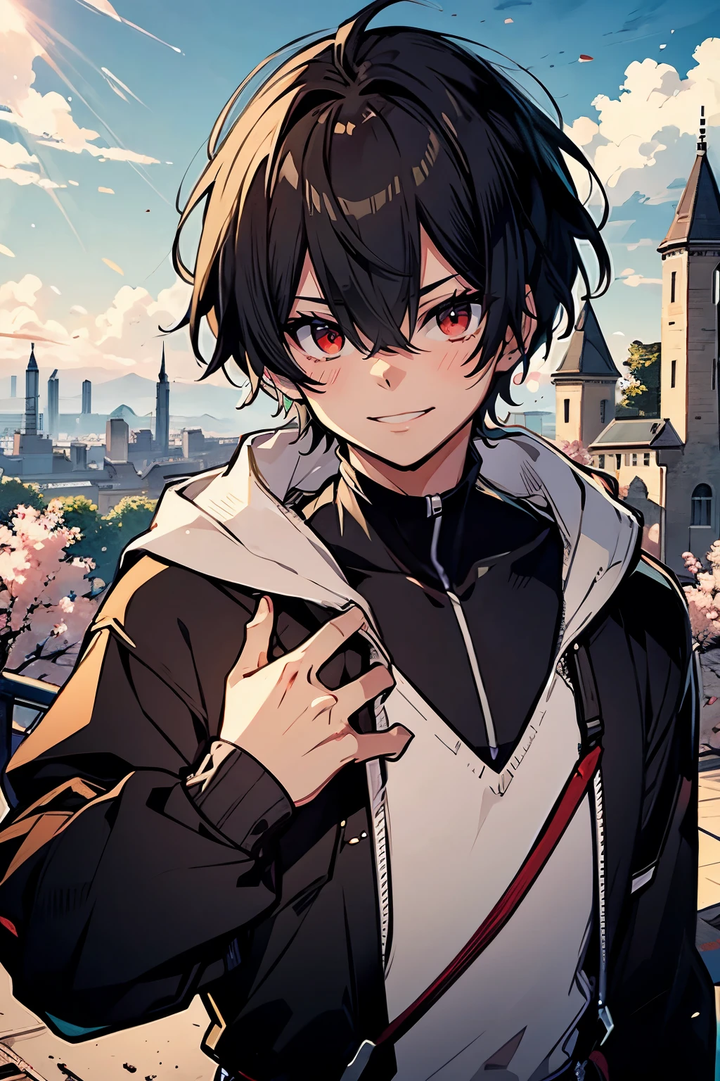 hasuichi nishizono, rekkyo sensen, rekkyou sensen, male focus, boys with((black hair, waving is hands, suspenders, blue clothes, belt, blue knit sweater, straps, furry hoodies, upper body, short hair, long sleeves, perfect hands, perfect fingers)), background with((fantasy world, cherry brossom, ruin, castle, beautiful sky, shining sky, sunshine))