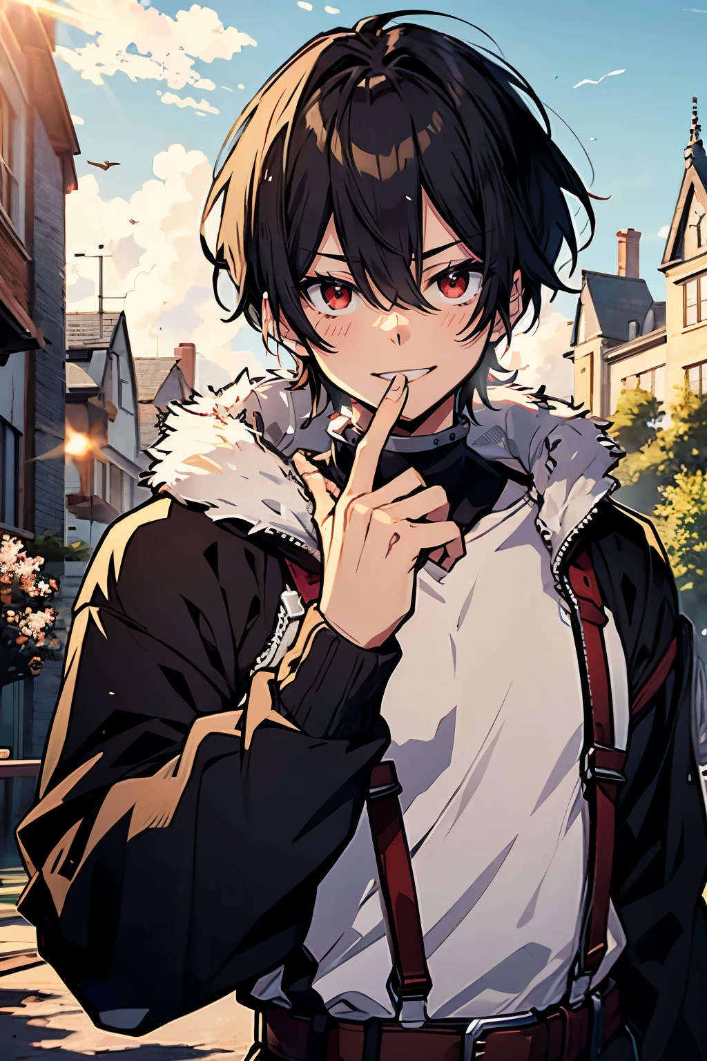 hasuichi nishizono, rekkyo sensen, rekkyou sensen, male focus, boys with((black hair, waving is hands, suspenders, blue clothes, belt, blue knit sweater, straps, furry hoodies, upper body, short hair, long sleeves, perfect hands, perfect fingers)), background with((fantasy world, cherry brossom, ruin, castle, beautiful sky, shining sky, sunshine))