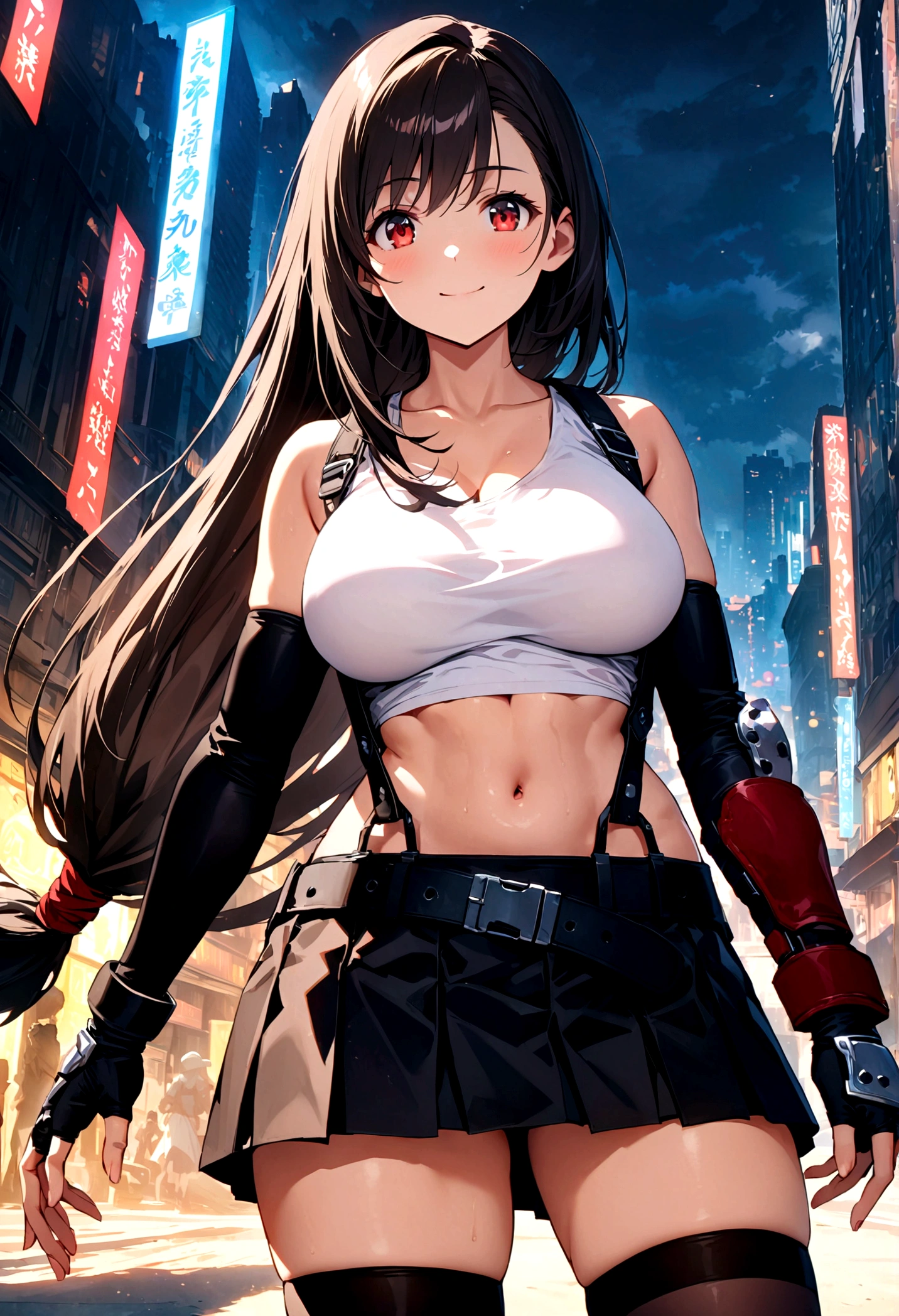 score_9, score_8_up, score_7_up,4k, ,BREAK , (from front,thighs angle),standing,straight-on,,(),(upperbody),looking_at_viewer ,1girl, tifa lockhart, final fantasy, tareme,black hair, low-tied long hair, red eyes, bangs, white tank top, belt, pleated skirt, thighhighs, elbow fingerless gloves, elbow pads, midriff, navel,suspender skirt ,big_breasts,(light smile),Curvy waist ,Solo,,(daytime and beachside and city),Toned,,detailed skin,((best quality)),(aesthetic,very aesthetic),(beautifulbody),(UHD,HDR),anime,highly detailed,sharp focus,depth of field,,professional lighting,cinematic lighting,