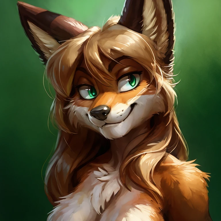 averi, fox girl, big chest, day, sexy, sensual, detailed, uploaded to e621, beautiful and detailed portrait of an anthropomorphic vixen ((female))) kenket, ross tran, ruan jia, uploaded to e621, zaush, foxovh, film lighting, simple green background, staring, looking at the camera, front view, smug face, smug smile, seductive eyes