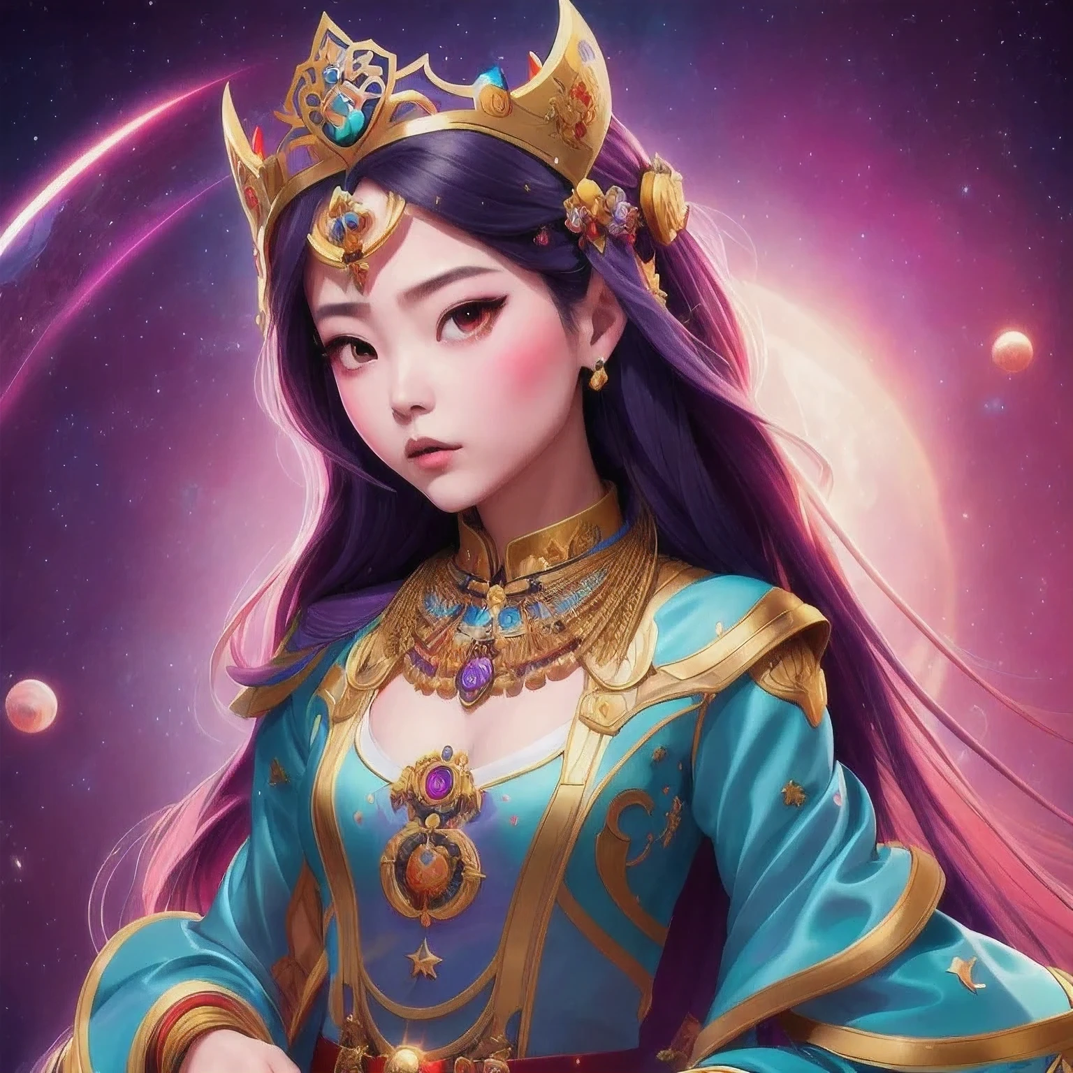 há uma garota com uma coroa na cabeça e um colar, inspirado em Jin Nong, artwork in the style of Guweiz, Guweiz, retrato anime espaço cadete garota, inspirado em Leng Mei, inspirado em Ai Xuan, deusa ciborgue no cosmos, traje com tema lunar, inspirado em Wang Meng, Guweiz obra de arte(obra de arte, melhor qualidade:1.2), 1 garota, Sozinho,uma coroa na cabeça posando, rei hino as a princess, artwork in the style of Guweiz, Guweiz, irelia, uma linda imperatriz de fantasia, range murata and Artgerm, Irelia de League of Legends, modelo | Artgerm, Artgerm on artstation pixiv