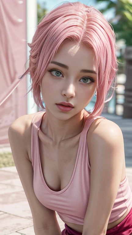 young woman, short shoulder-length pink hair, wide forehead, porcelain skin, pink eyebrows, big emerald green eyes, buttoned nose, full lips, heart-shaped face, slender body, small breasts, red tank top, Sakura Haruno , realistic, realism, details, 3d, well detailed
