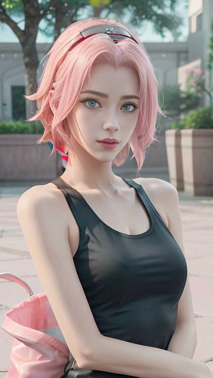 young woman, short shoulder-length pink hair, wide forehead, porcelain skin, pink eyebrows, big emerald green eyes, buttoned nose, full lips, heart-shaped face, slender body, small breasts, red tank top, Sakura Haruno , realistic, realism, details, 3d, well detailed
