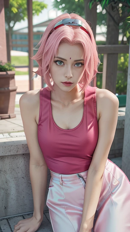 young woman, short shoulder-length pink hair, wide forehead, porcelain skin, pink eyebrows, big emerald green eyes, buttoned nose, full lips, heart-shaped face, slender body, small breasts, red tank top, Sakura Haruno , realistic, realism, details, 3d, well detailed
