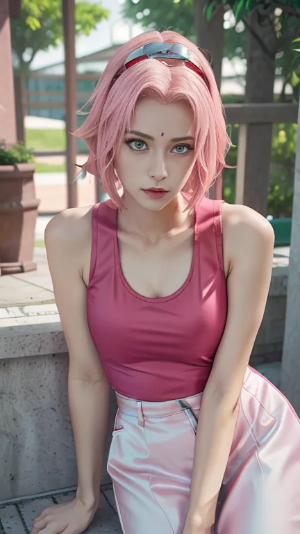 young woman, short shoulder-length pink hair, wide forehead, porcelain skin, pink eyebrows, big emerald green eyes, buttoned nos...