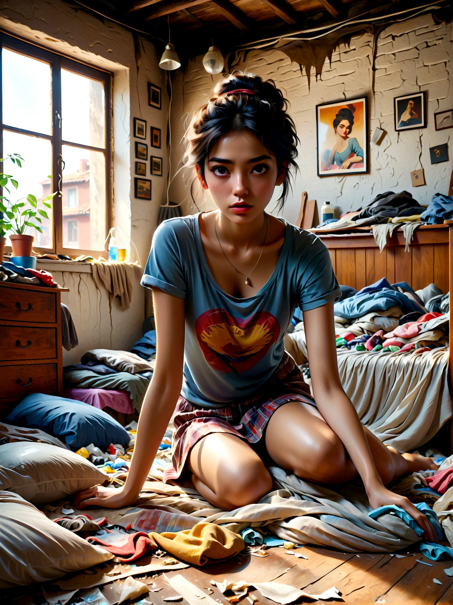 Super Fine, Sharp focus, Physically Based Rendering, Extremely detailed description, major, Vivid colors, A young girl with a disgusted expression, Cleaning a Messy Room, dust, net, A bunch of clothes, Unmade bed, Dirty dishes, garbage on the floor, Realistic details, Beautiful detailed eyes, Beautiful detailed lips, Extremely detailed eyes and face, Long eyelashes, Messy hair, Sweating, exhausted, Frustration, Realistic shadows, Realistic lighting, Natural light