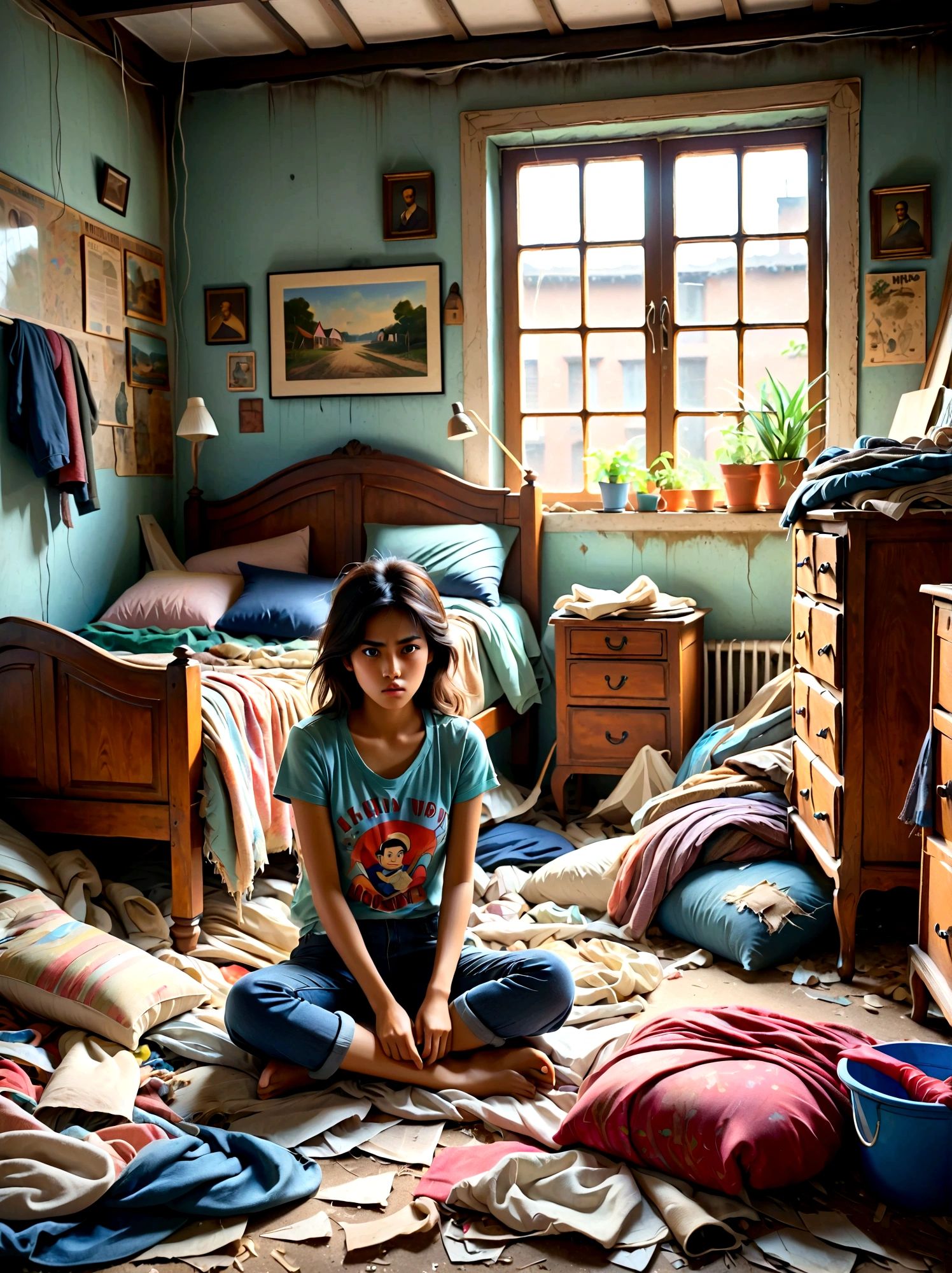 (a young girl with a disgusted expression:1.5), (Disgusted look:1.5), Long eyelashes, Messy hair, Sweating, Cleaning a Messy Room, dust, cobwebs, A bunch of clothes, Unmade bed, garbage on the floor, Realistic details, Realistic shadows, Realistic lighting, Natural light, Super Fine, Sharp focus, Physically Based Rendering, Extremely detailed description, major, Vivid colors