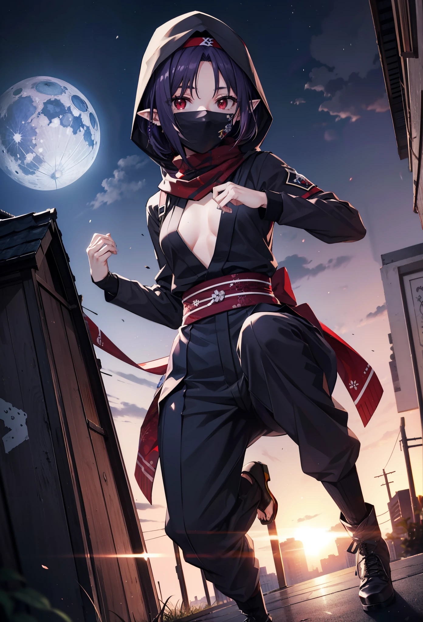 Yuukikonno, Yuki Konno, bandeau pour cheveux, cheveux longs, oreilles pointues, cheveux violets, (les yeux rouges:1.5), (Petits seins:1.2),encapuchonné,couvre ta bouche avec un foulard noir,strict,black ninja uniform,ninja,black ninja pants,bottes courtes,pose d&#39;action,Surplombant la ville depuis le toit du bâtiment,lune,lune明かり,nuit,tout le corpsがイラストに入るように,
casser looking at viewer, tout le corps,
casser outdoors ,Bâtiment de style européen médiéval,
casser (chef-d&#39;œuvre:1.2), la plus haute qualité, haute résolution, unité 8k fond d&#39;écran, (forme:0.8), (De beaux et beaux yeux:1.6), Visage très détaillé, éclairage parfait, CG très détaillé, (des mains parfaites, Anatomie parfaite),