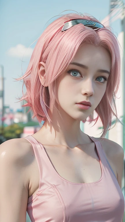 young woman, short shoulder-length pink hair, wide forehead, porcelain skin, pink eyebrows, big emerald green eyes, buttoned nose, full lips, heart-shaped face, slender body, small breasts, red tank top, Sakura Haruno , realistic, realism, details, 3d, well detailed
