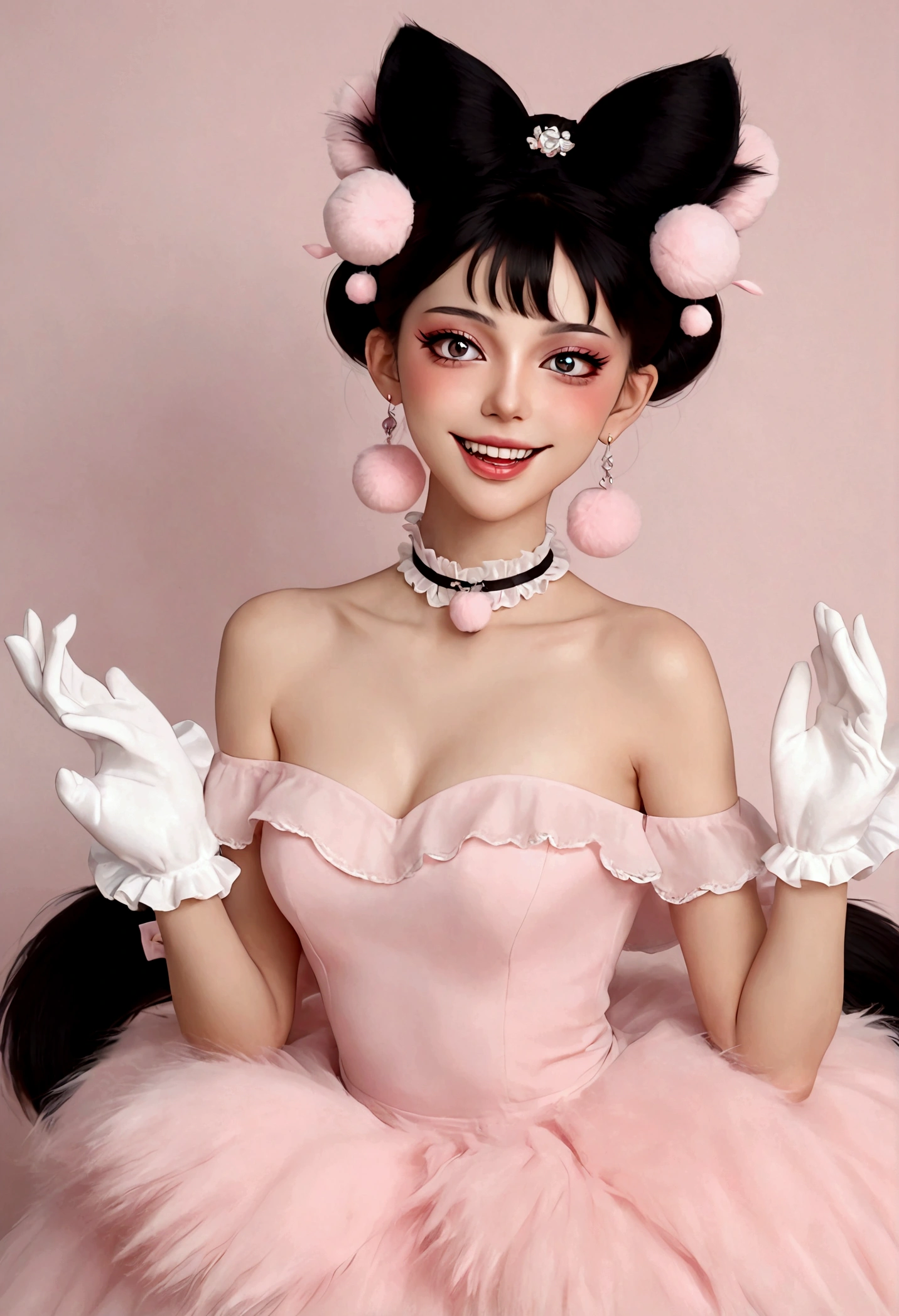 beautiful woman,detailed eyes,gorgeous makeup,pink eyeshadow,wide open smile,sharp fangs,large fluffy tail,voluminous black high bun,wispy bangs,pink fluffy pom pom earrings,high collar pink maid dress,bare shoulders,midriff exposed,multilayered lace frills,hand gestures,magic spell,(best quality,4k,8k,highres,masterpiece:1.2),ultra-detailed,(realistic,photorealistic,photo-realistic:1.37),vibrant colors,dramatic lighting，Fluffy fox tail