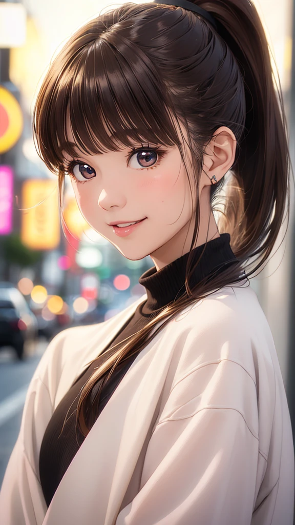 (Woman close up)、Depiction of the upper body、30-year-old woman、smile、((ponytail、Brown Hair))、Blushing、(Open your mouth a little、High resolution、16k))、Cute Winter Clothes、((Late night love hotel district、neon))