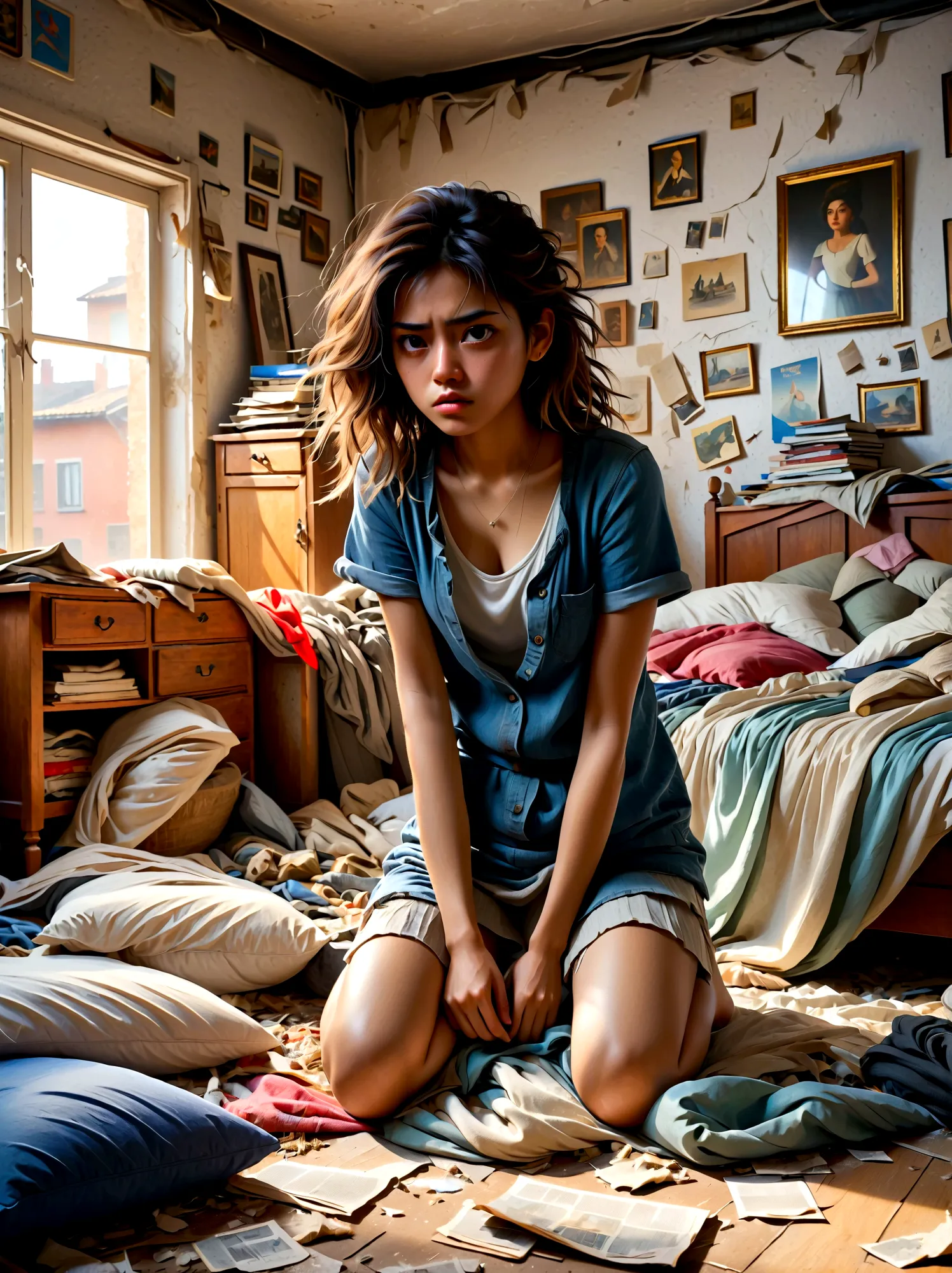 (a young girl with a disgusted expression), (Disgusted look:1.5), Messy hair, Sweating, Cleaning a messy room, dust, cobwebs, A ...