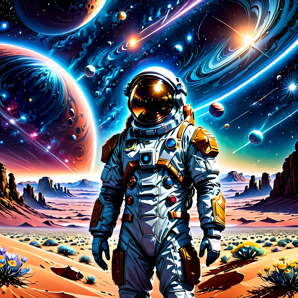 tonalidade roxa，tons brilhantes，Close-up of a man in a space suit standing in the desert, planetes, flutuando ao lado dos planetas, Standing in outer space, Makoto Shinkai Cyril Rolando, Amazing wallpapers, Viagem espacial, Looking into space, fundos de anime, cosmos sem fim no fundo, e McPharlin, Kilian Eng.. mais suave