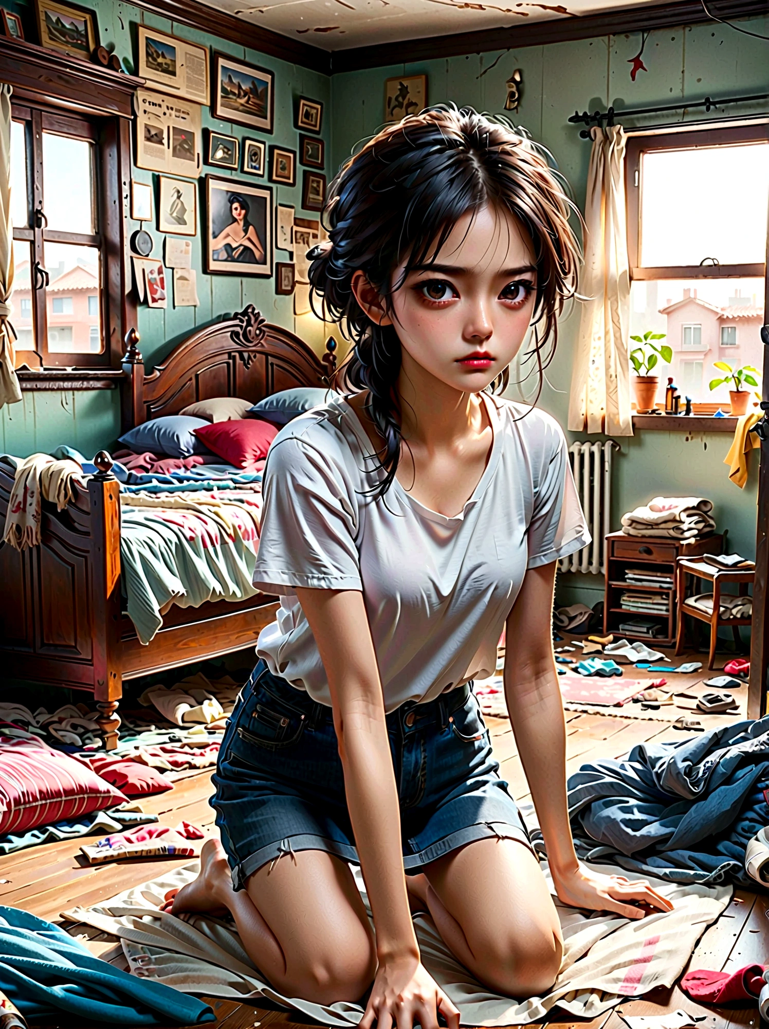 (a young girl with a disgusted expression), (Disgusted look:1.5), Messy hair, Sweating, Cleaning a messy room, dust, cobwebs, A bunch of clothes, Unmade bed, garbage on the floor, Realistic details, Realistic shadows, Realistic lighting, Natural light, Super Fine, Sharp focus, Physically Based Rendering, Extremely detailed description, major, Vivid colors
