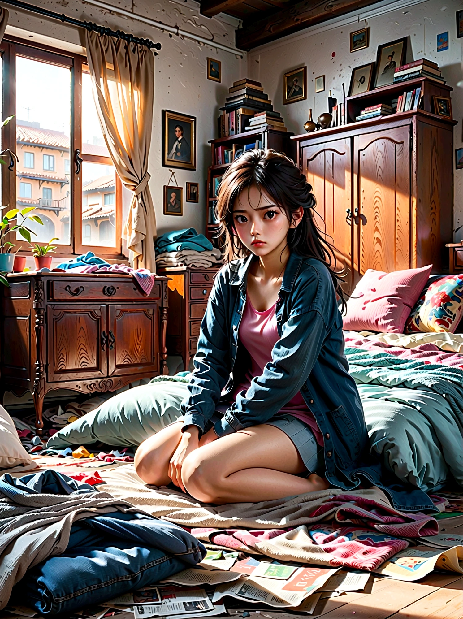 (a young girl with a disgusted expression), (Disgusted look:1.5), Messy hair, Sweating, Cleaning a messy room, dust, cobwebs, A bunch of clothes, Unmade bed, garbage on the floor, Realistic details, Realistic shadows, Realistic lighting, Natural light, Super Fine, Sharp focus, Physically Based Rendering, Extremely detailed description, major, Vivid colors