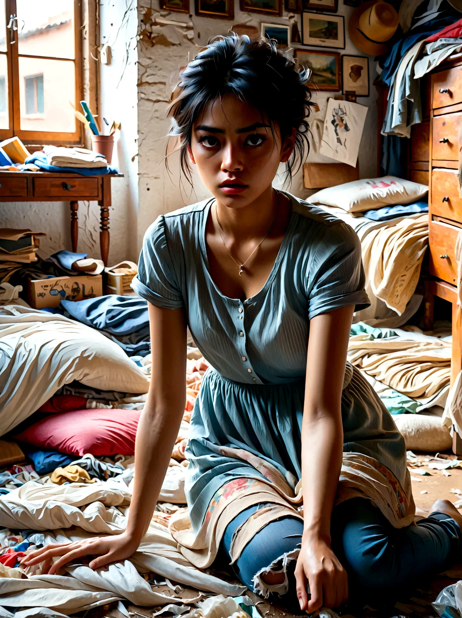(a young girl with a disgusted expression), (Disgusted look:1.5), Messy hair, Sweating, Cleaning a messy room, dust, cobwebs, A ...