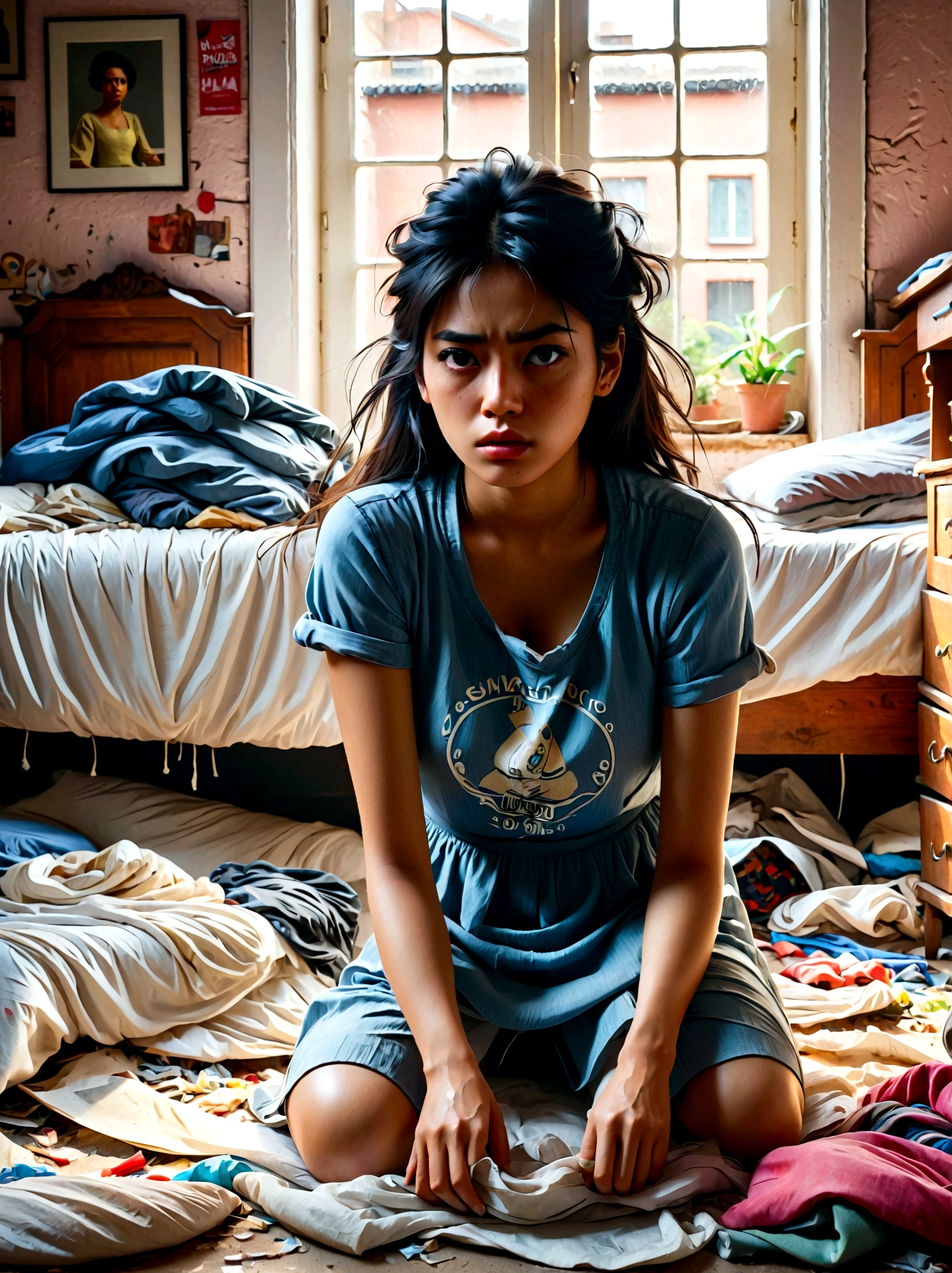 (a young girl with a disgusted expression), (Disgusted look:1.5), Messy hair, Sweating, Cleaning a messy room, dust, cobwebs, A bunch of clothes, Unmade bed, garbage on the floor, Realistic details, Realistic shadows, Realistic lighting, Natural light, Super Fine, Sharp focus, Physically Based Rendering, Extremely detailed description, major, Vivid colors