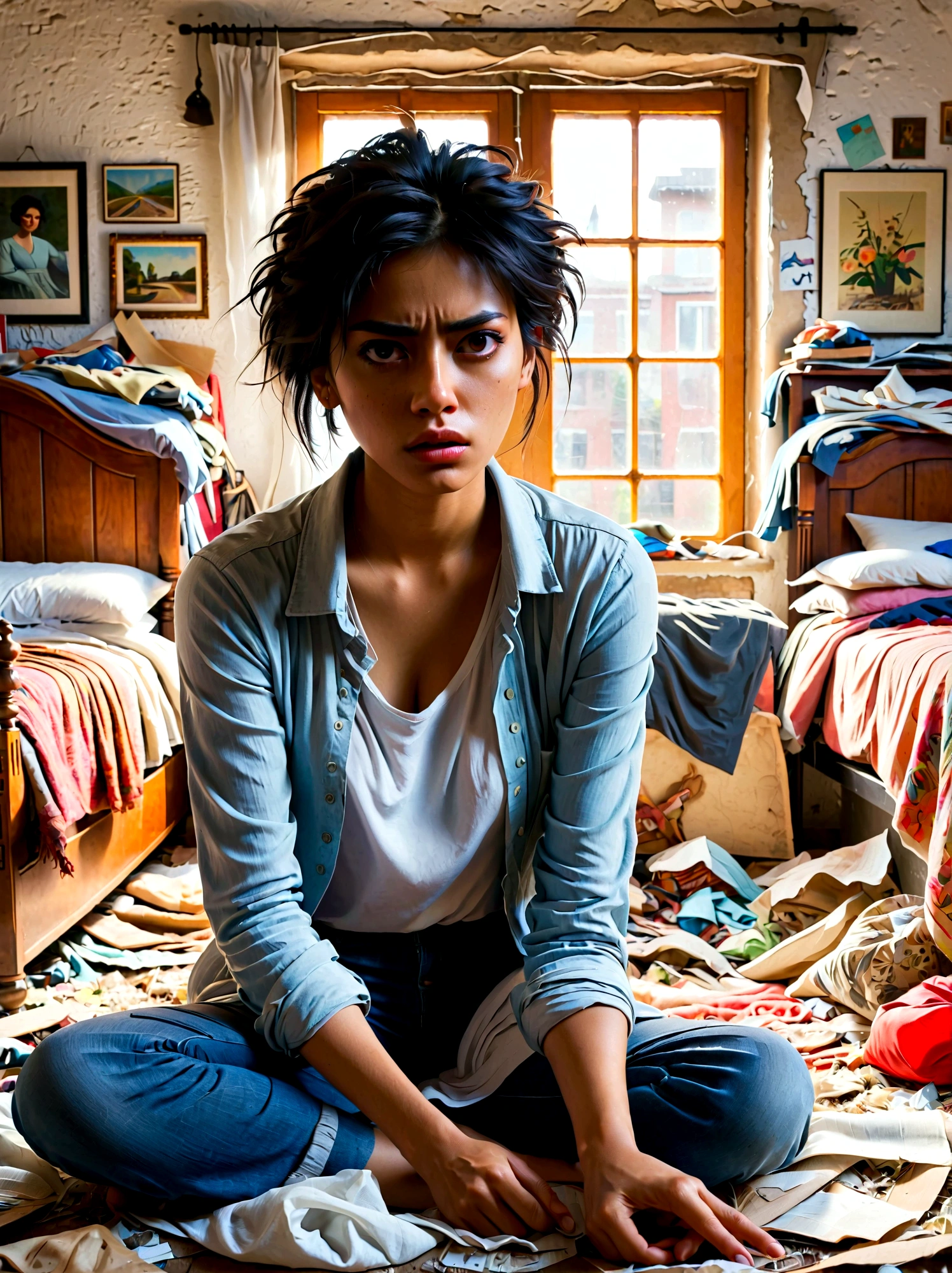 (a young girl with a disgusted expression), (Disgusted look:1.5), Messy hair, Sweating, Cleaning a messy room, dust, cobwebs, A bunch of clothes, Unmade bed, garbage on the floor, Realistic details, Realistic shadows, Realistic lighting, Natural light, Super Fine, Sharp focus, Physically Based Rendering, Extremely detailed description, major, Vivid colors