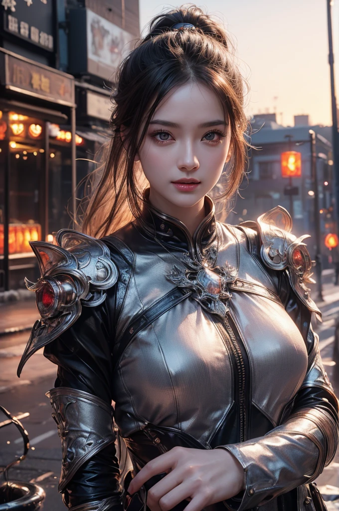 highest quality、8k Masterpiece、ultraA high resolution、(Photorealistic:1.3)、RAW Photos、1 girl、Silvery white hair、Glowing Skin、1. Super-beautiful Cyberpunk Soldiers、((Ultra-Realistic Details))、Portrait、Global Illumination、Shadow、Octane Rendering、8k、Super sharp、Metal、Cold colors、Very intricate details、Realistic Light、CGSoation Trend、Beautiful and shining eyes、Beautiful breasts、To the camera、Neon Details、smile、Super kind、whole body、Crimson Hanfu、Swaying in the Wind、20-year-old、Fantasy、The background is the rooftop of a Manhattan building.beautiful woman, photorealistic, highly detailed, beautiful face, intricate details, hyperrealistic, striking pose, flawless skin, mesmerizing eyes, luscious lips, elegant figure, cinematic lighting, dramatic shadows, sensual, graceful, captivating gaze, alluring, visually stunning, breathtaking beauty, exquisite, enchanting, (best quality,4k,8k,highres,masterpiece:1.2),ultra-detailed,(realistic,photorealistic,photo-realistic:1.37),a cyberpunk girl in the wild, black, erotic, sexy, metal, silver, brown, copper, wearing armor, goggles, punk, detailed face and eyes, intricate mechanical details, neon lights, dystopian city background, (best quality,4k,8k,highres,masterpiece:1.2),ultra-detailed,(realistic,photorealistic,photo-realistic:1.37),cinematic lighting,dramatic colors,moody atmosphere, fantasy, Landscapes of unimaginable beauty、１００Light of red lanterns、Swirl、Ninja in the center、female、sexy