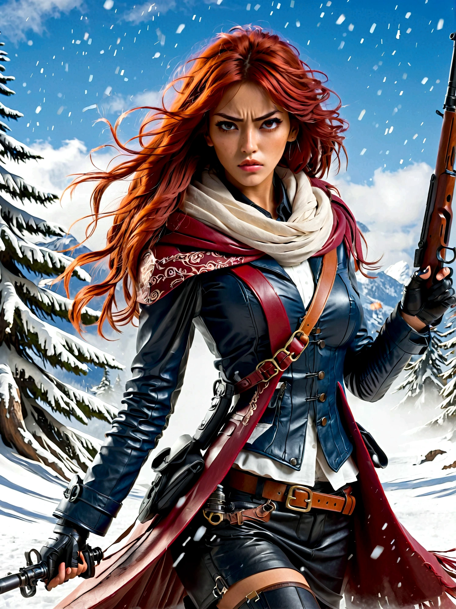 Девушка держит винтовку, (Отвратительный взгляд:1.5), Поза борьбы со снегом, Восток, Меч и душа, стиль чернил, длинные рыжие волосы, Кожаные и шубы, холодный, произведение искусства, 3d, 4k, подробный, Практичный