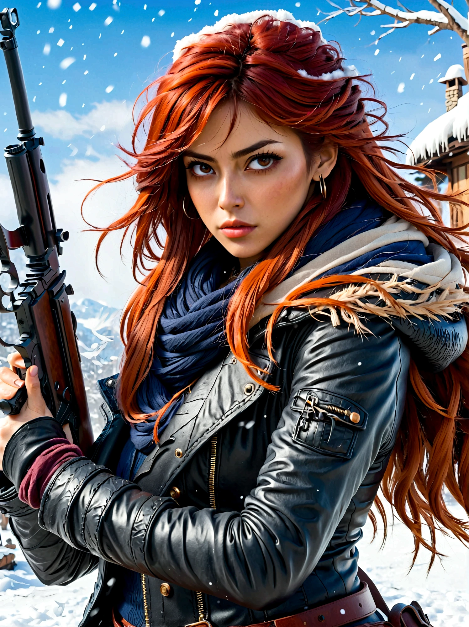 拿着步枪的女孩, (厭惡的表情:1.5), 雪地战斗姿势, 東方, 刀刃與靈魂, 水墨风格, 长长的红头发, 皮革和毛皮大衣, 寒冷的, 藝術品, 3d, 4k, 詳細的, 實際的