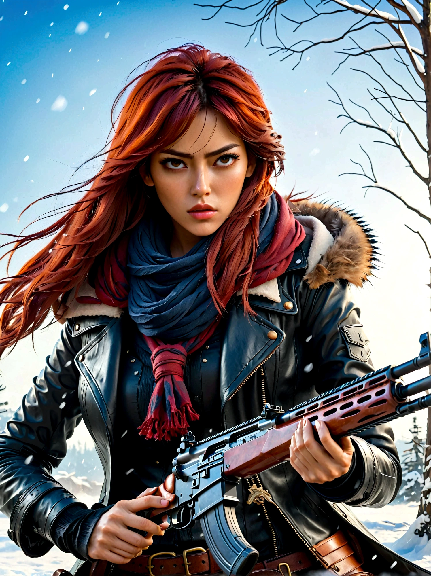 Chica sosteniendo un rifle, (mirada disgustada:1.5), Postura de lucha contra la nieve, este, Cuchilla y el alma, estilo de tinta, pelo largo de color rojo, Abrigos de cuero y piel., frío, obra de arte, 3d, 4k, detallado, práctico