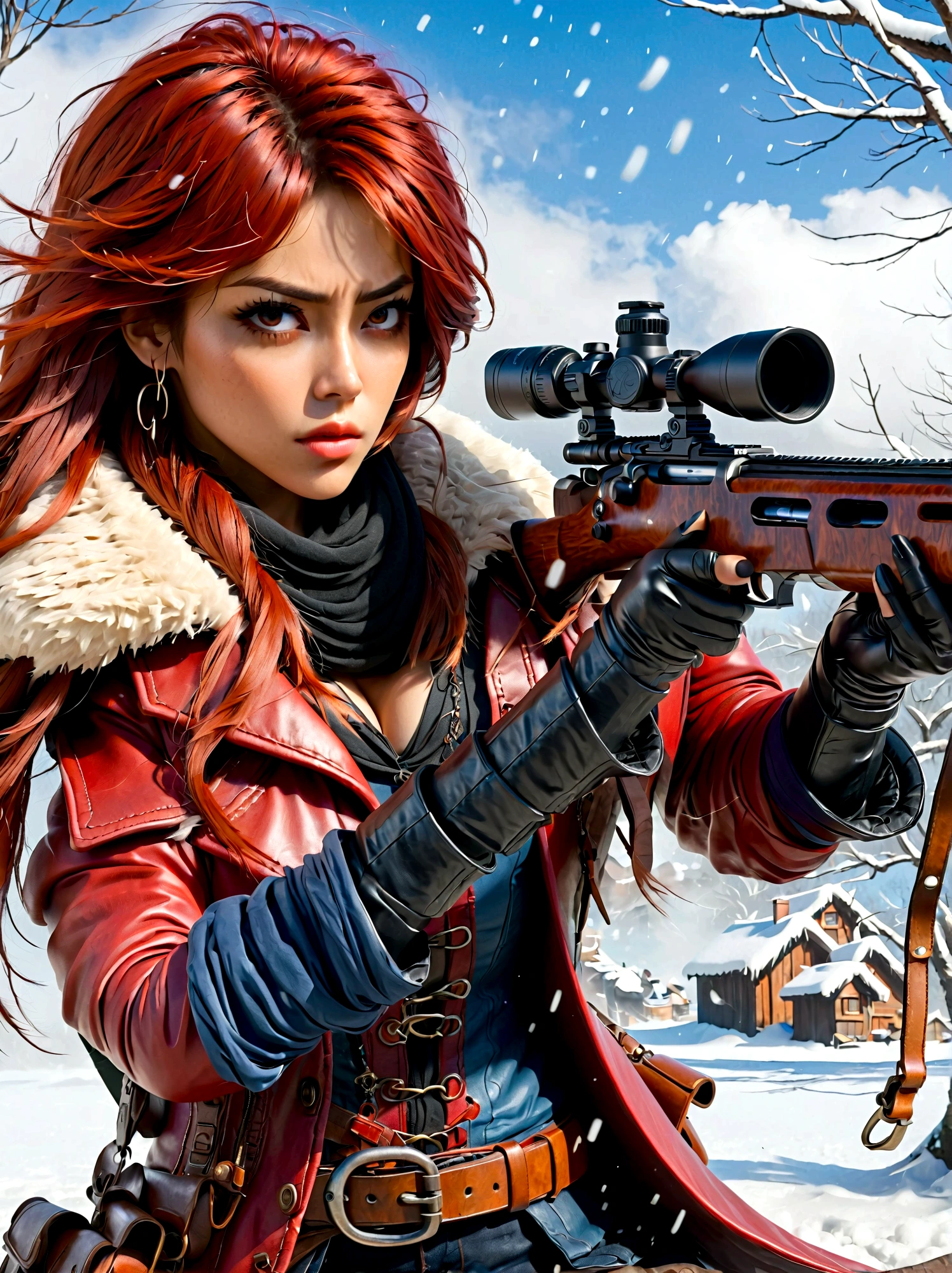 소총을 들고 있는 소녀, (역겨운 표정:1.5), 눈싸움 자세, 동쪽, 칼날과 영혼, 잉크 스타일, 긴 빨간 머리, 가죽 및 모피 코트, 추운, 삽화, 3D, 4K, 상세한, 현실적인